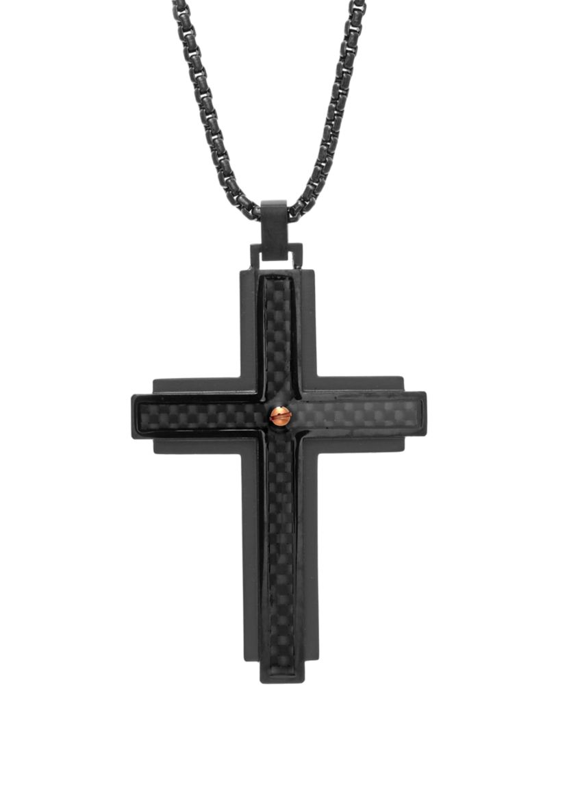 Stainless Cross Pendant Necklace on 24 Inch Rhodium Box Chain 