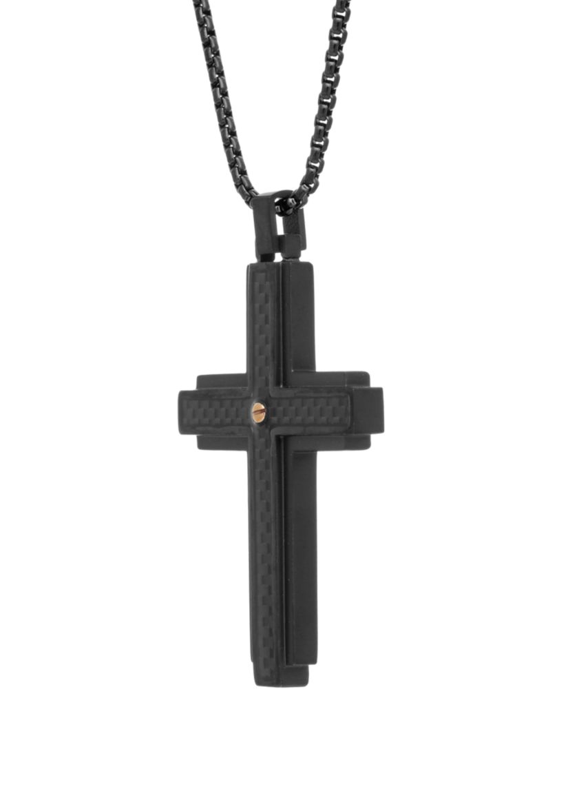 Stainless Cross Pendant Necklace on 24 Inch Rhodium Box Chain 