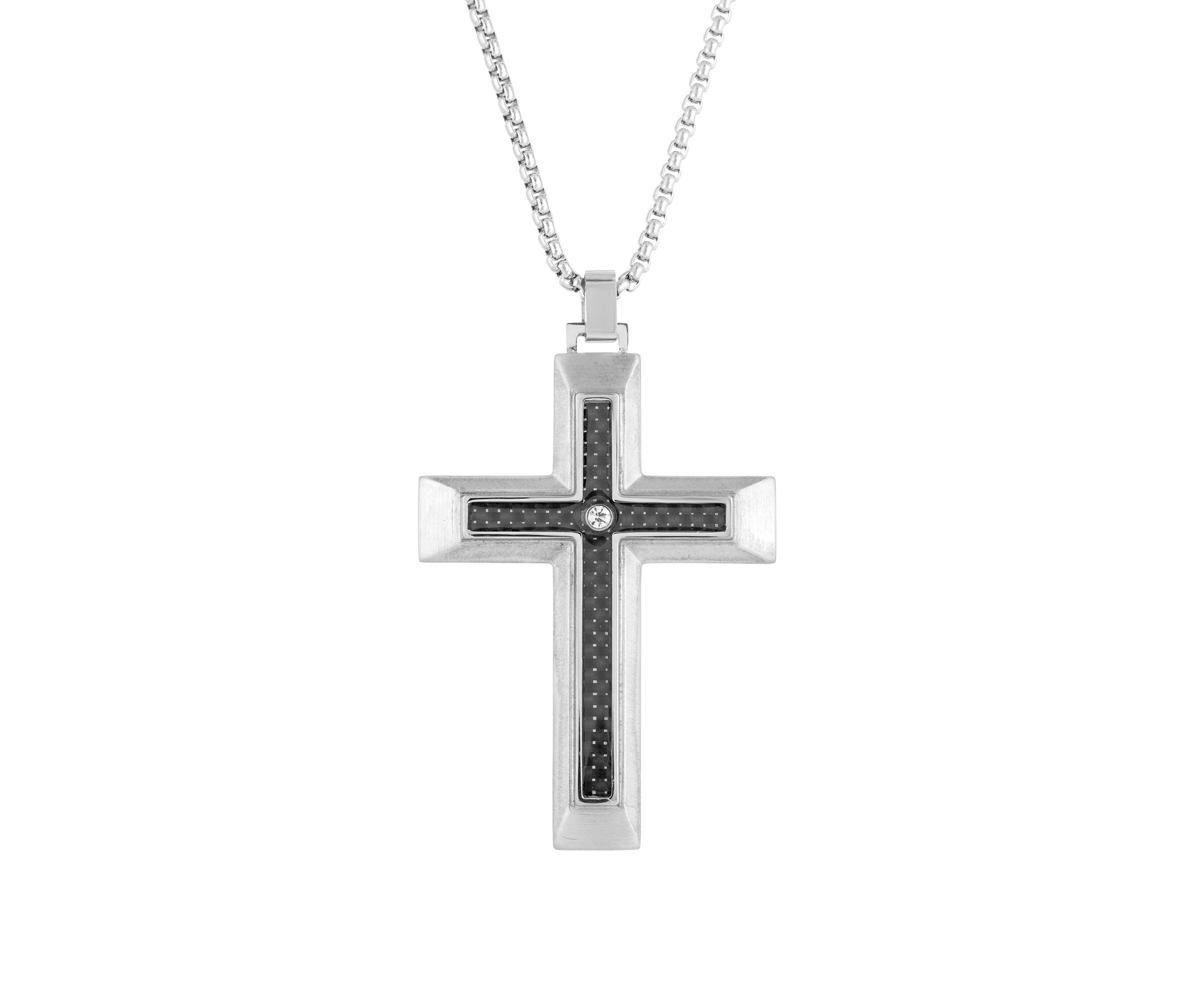 Stainless Cross Pendant Necklace on 24 Inch Rhodium Box Chain