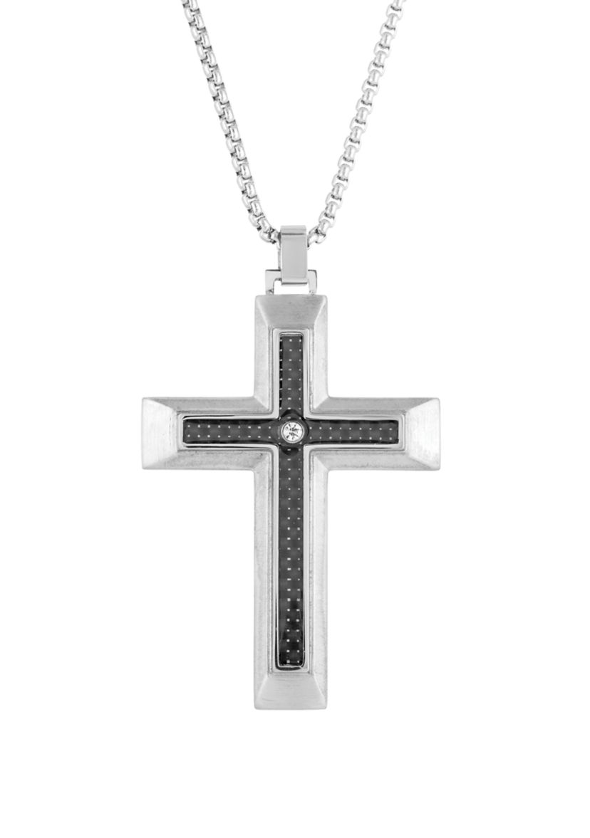 Stainless Cross Pendant Necklace on 24 Inch Rhodium Box Chain