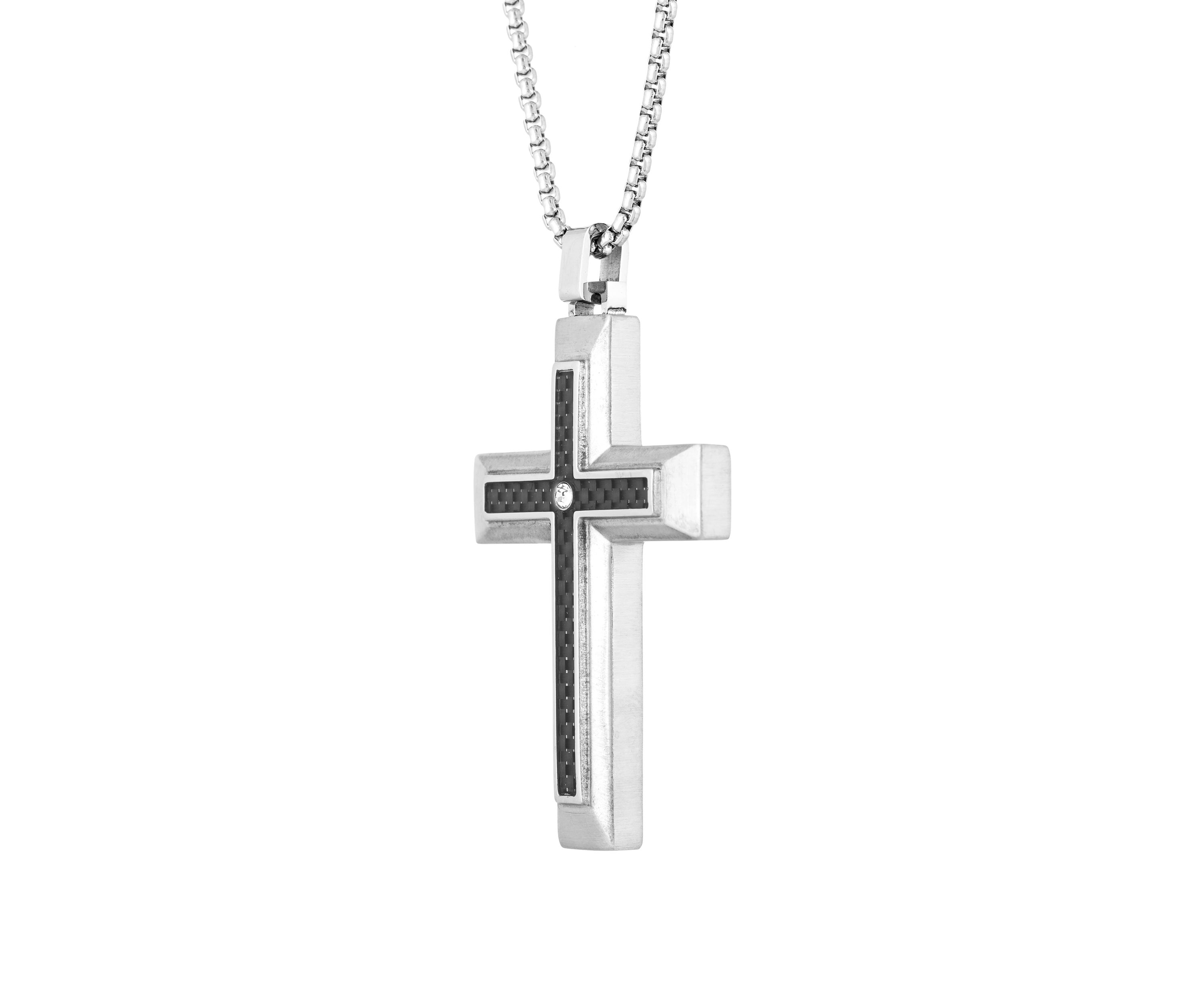Stainless Cross Pendant Necklace on 24 Inch Rhodium Box Chain