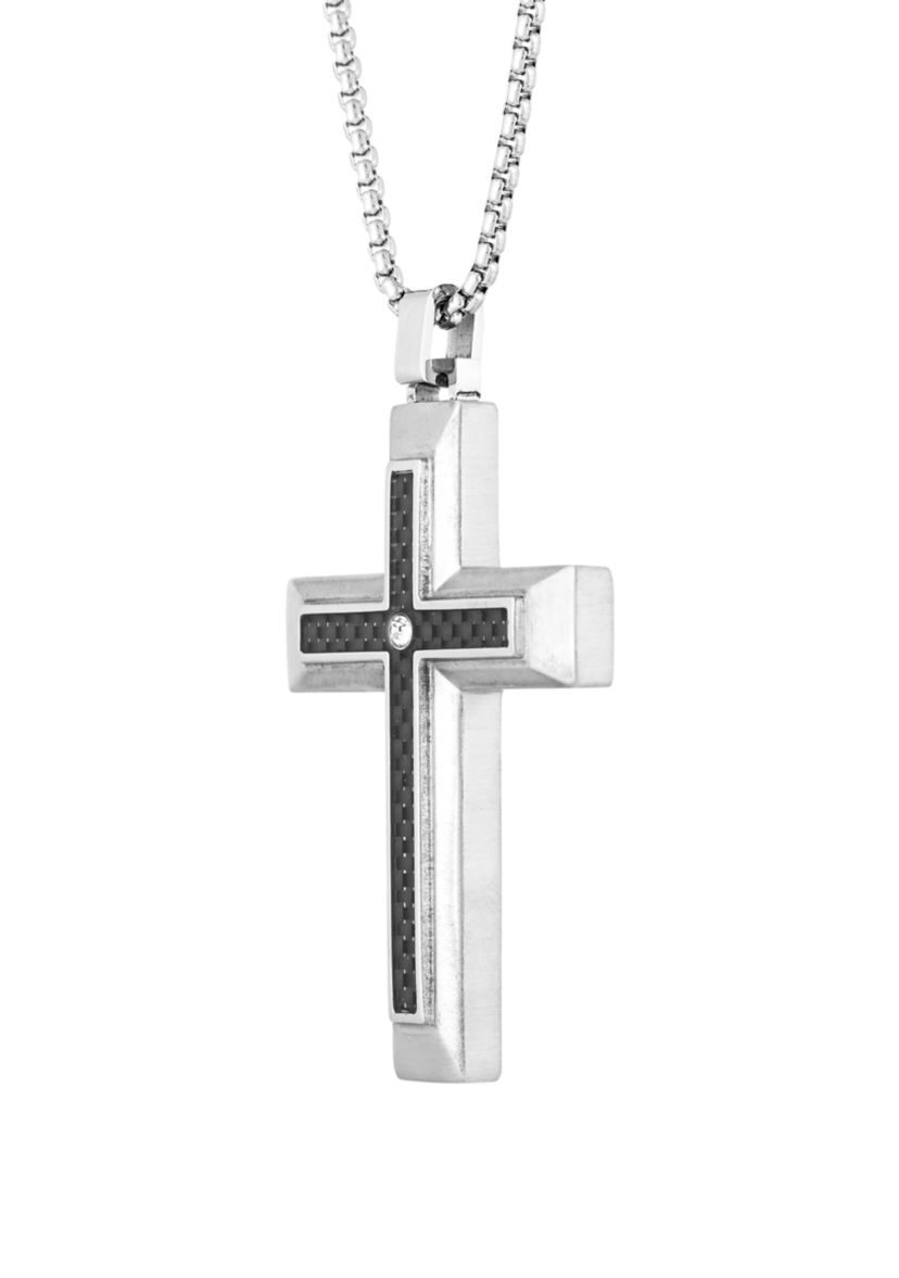 Stainless Cross Pendant Necklace on 24 Inch Rhodium Box Chain