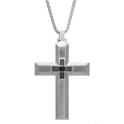 LYNX Men's Stainless Steel Carbon Fiber Cross Pendant Necklace, 24 in