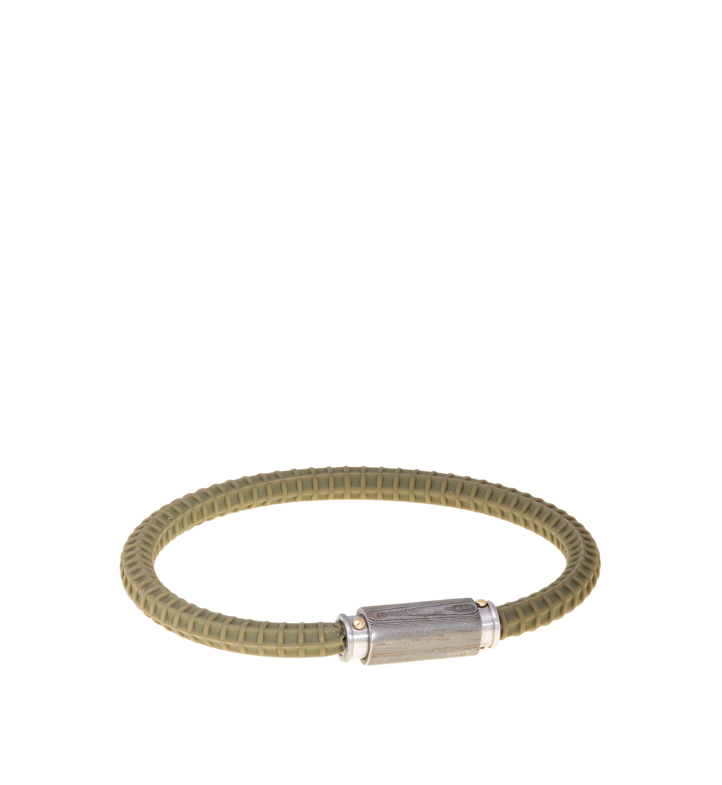 Damascus Steel and Green Silicone Bracelet with Gold Tone Ion Plating