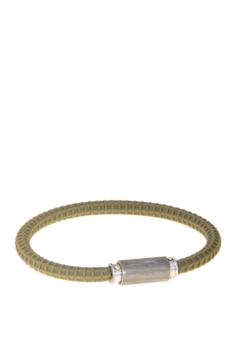 Damascus Steel and Green Silicone Bracelet with Gold Tone Ion Plating