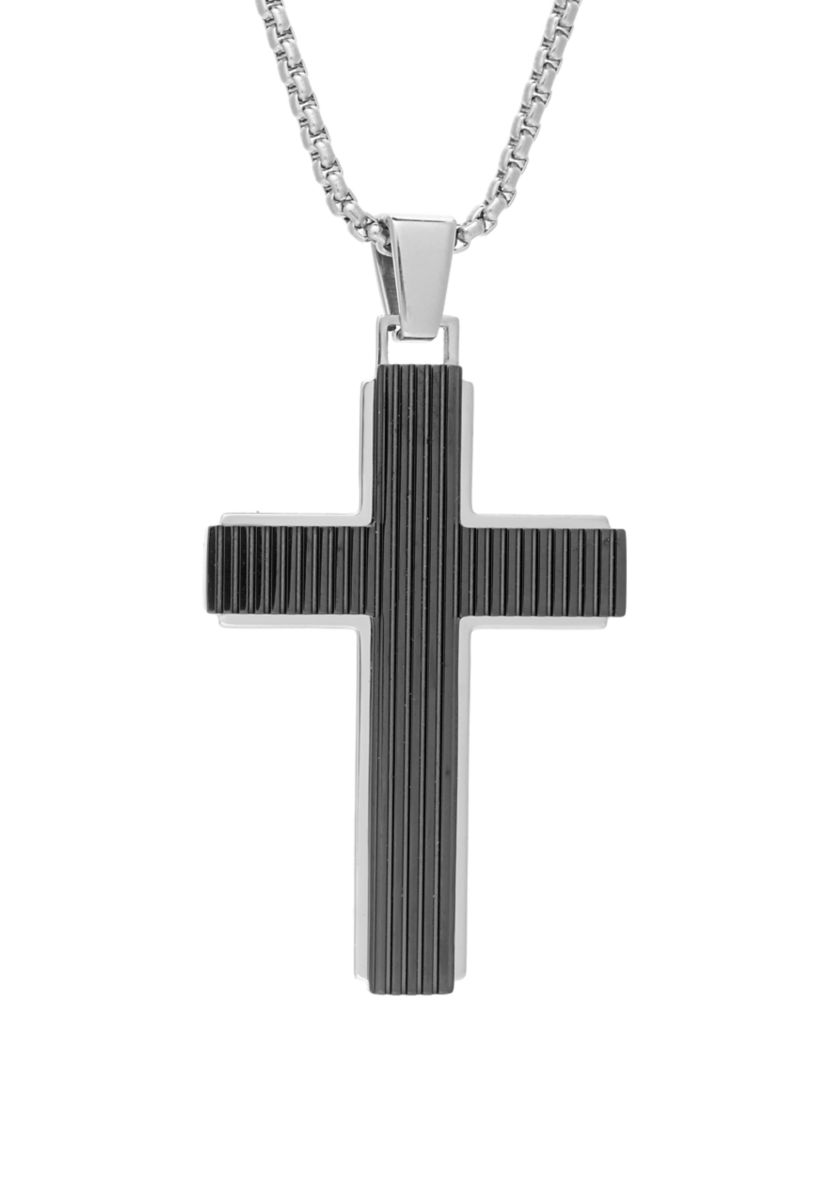 Stainless Steel Cross Pendant on Round Box 24 Inch Chain