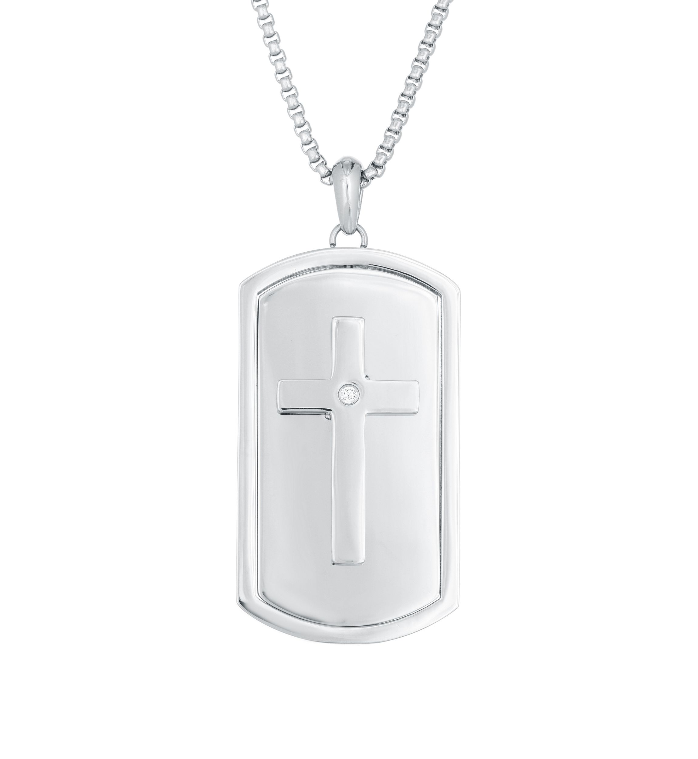 1/10 ct. t.w. Cubic Zirconia Stainless Steel Reversible Lords Prayer Dog Tag Pendant with 24 Inch Chain