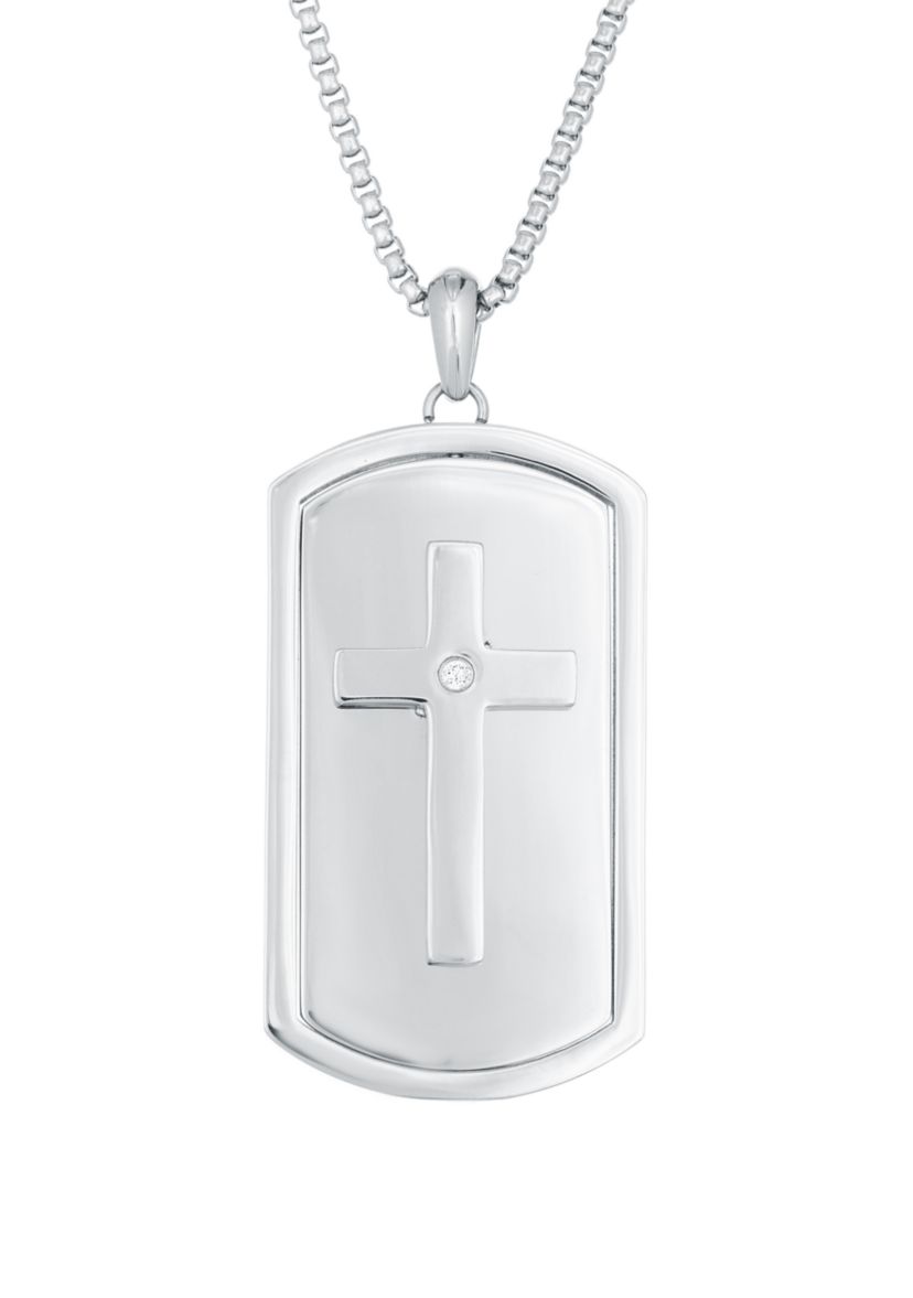 1/10 ct. t.w. Cubic Zirconia Stainless Steel Reversible Lords Prayer Dog Tag Pendant with 24 Inch Chain
