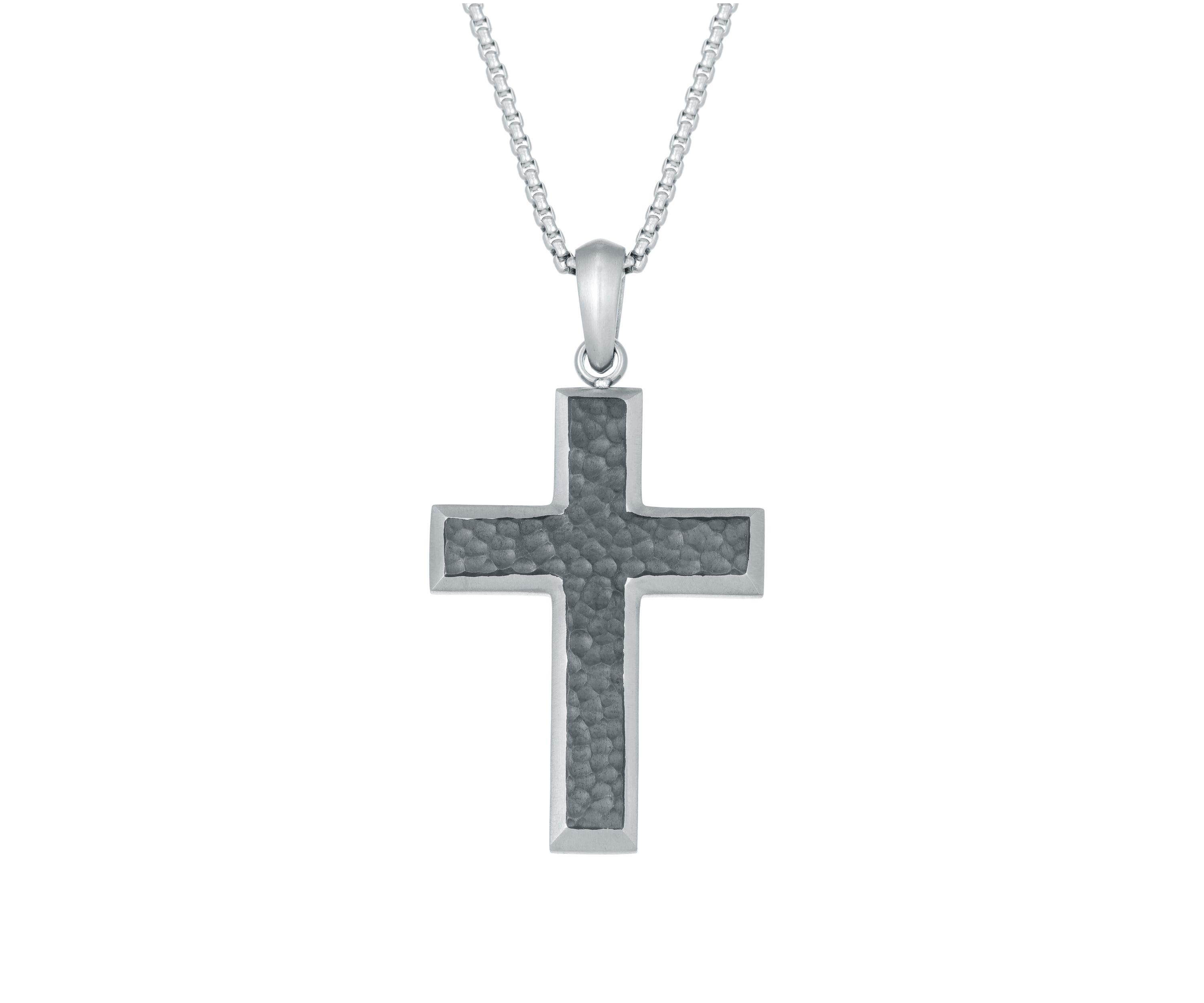 Stainless Steel Hammered Cross Pendant on 24 Inch Round Box Chain