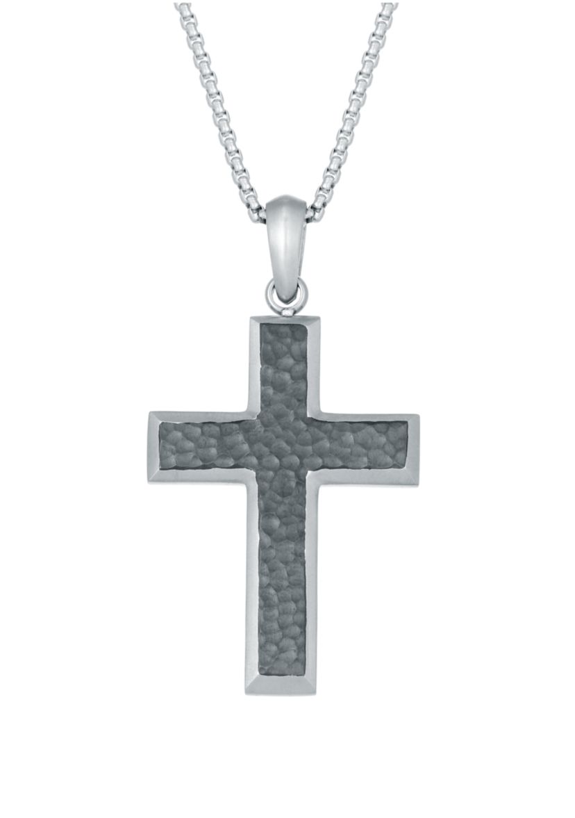Stainless Steel Hammered Cross Pendant on 24 Inch Round Box Chain
