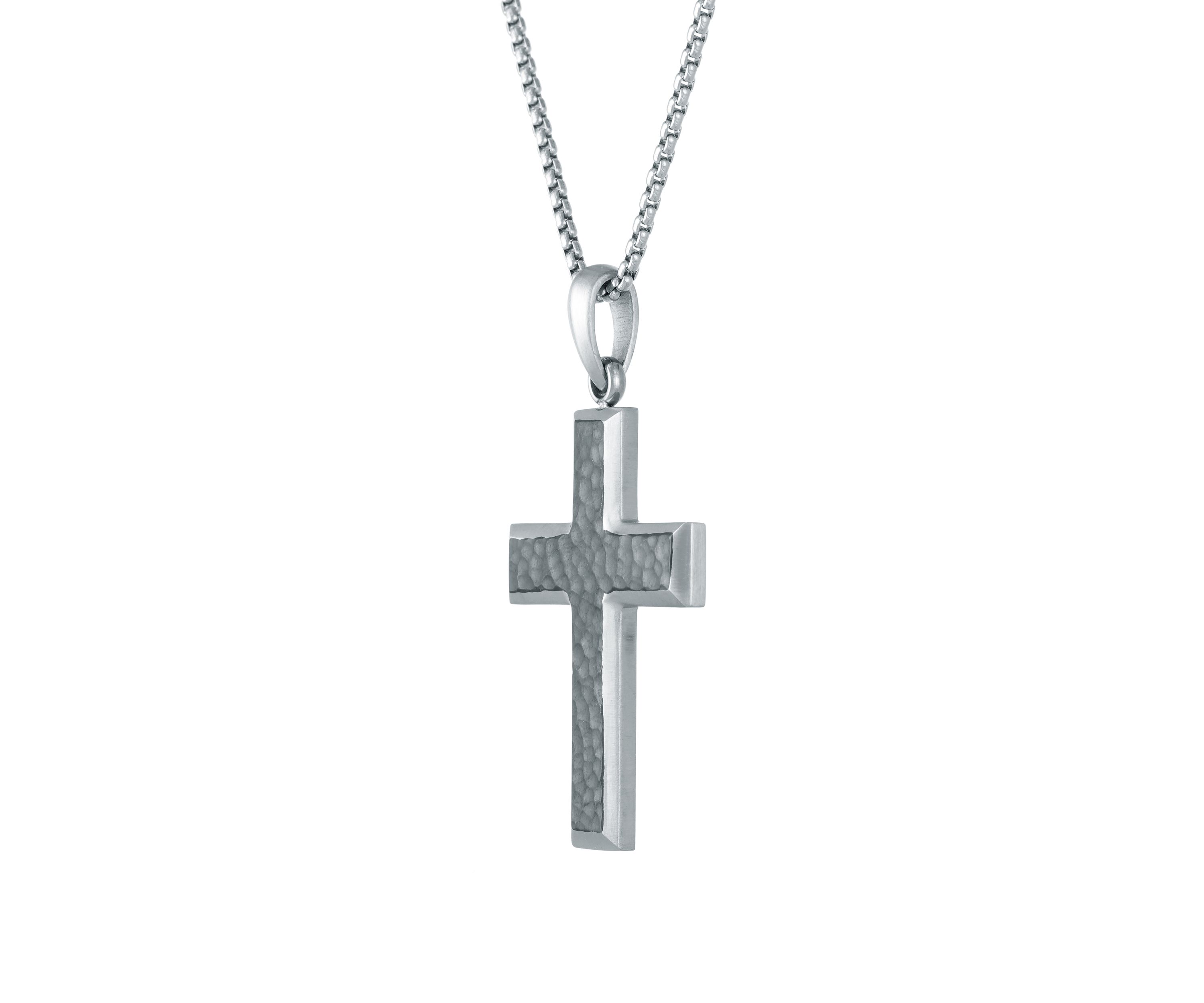 Stainless Steel Hammered Cross Pendant on 24 Inch Round Box Chain