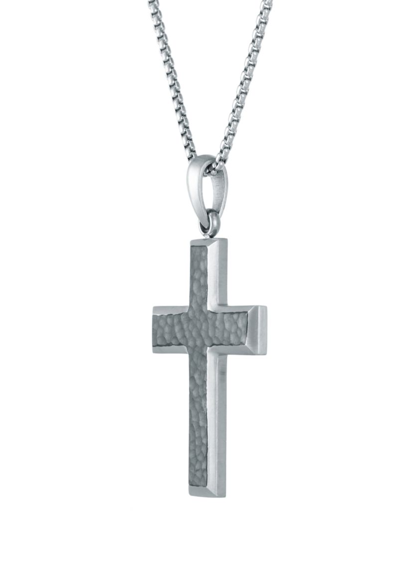 Stainless Steel Hammered Cross Pendant on 24 Inch Round Box Chain