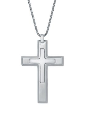 Belk & Co Men's Damascus Steel Cross Pendant on 24 Inch Round Box Chain Necklace, Silver