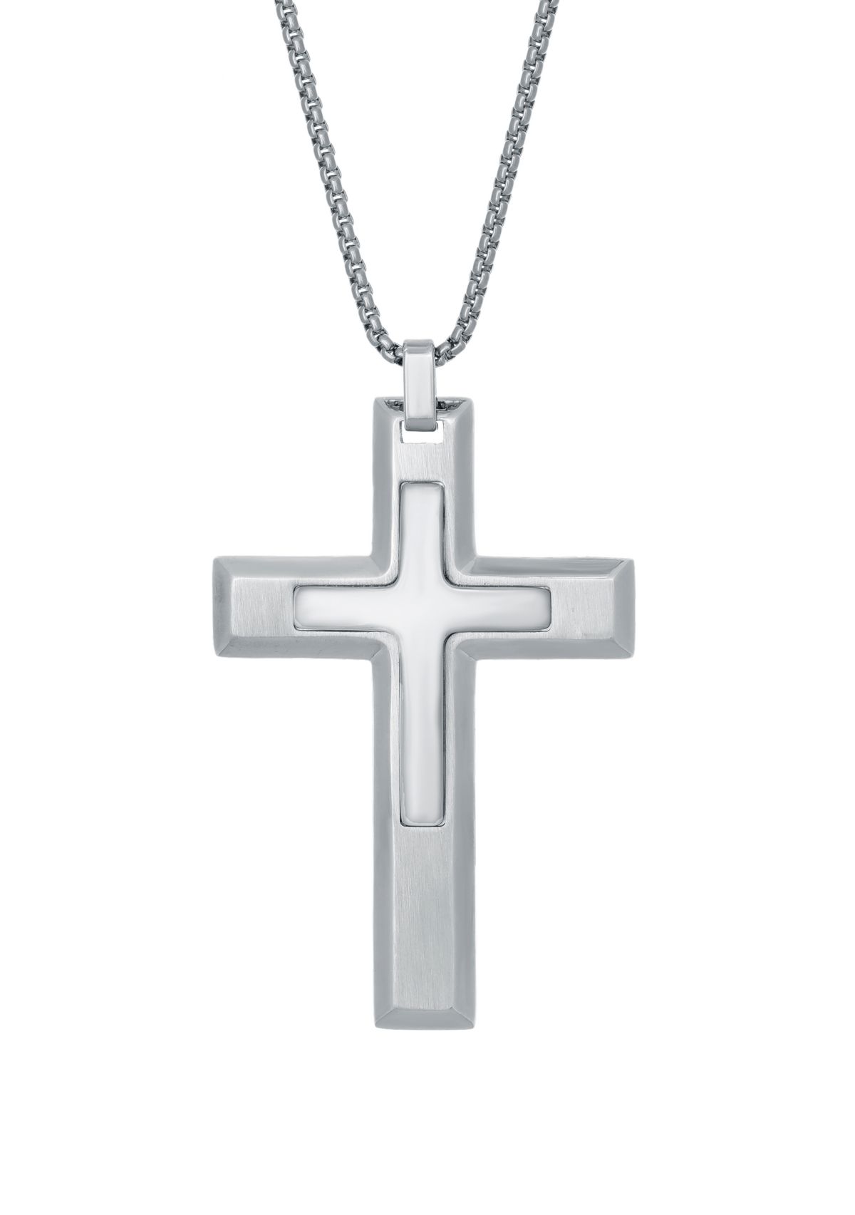 Damascus Steel Cross Pendant on 24 Inch Round Box Chain Necklace