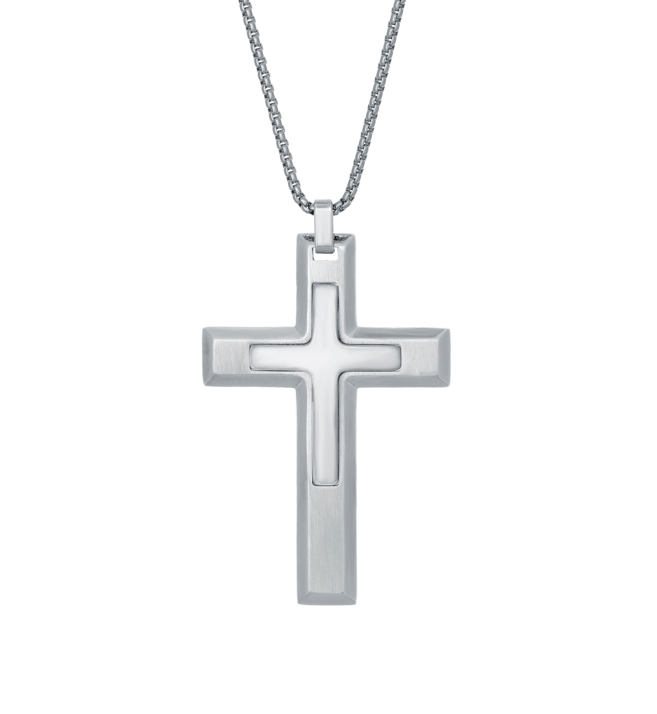Damascus Steel Cross Pendant on 24 Inch Round Box Chain Necklace