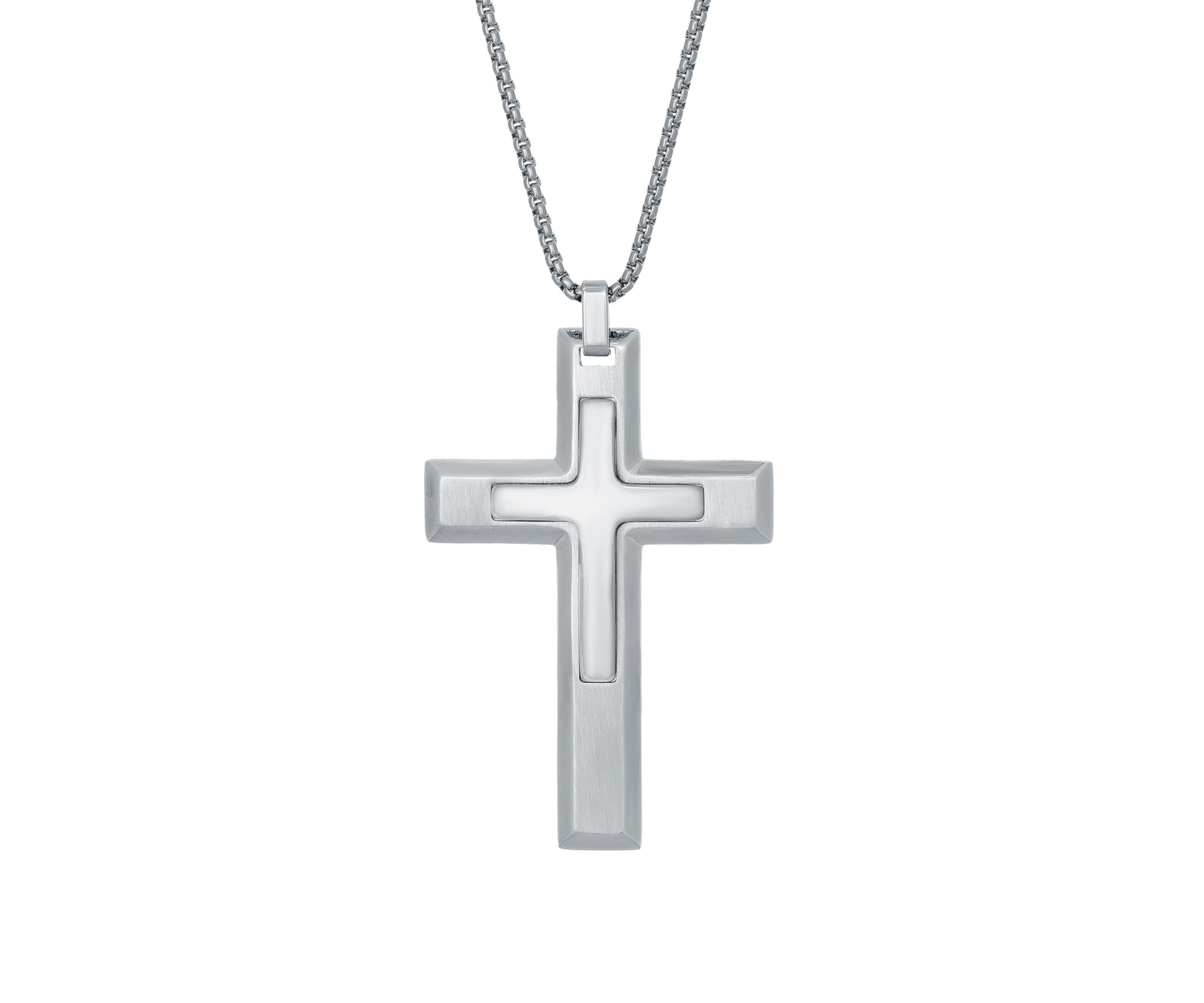 Damascus Steel Cross Pendant on 24 Inch Round Box Chain Necklace