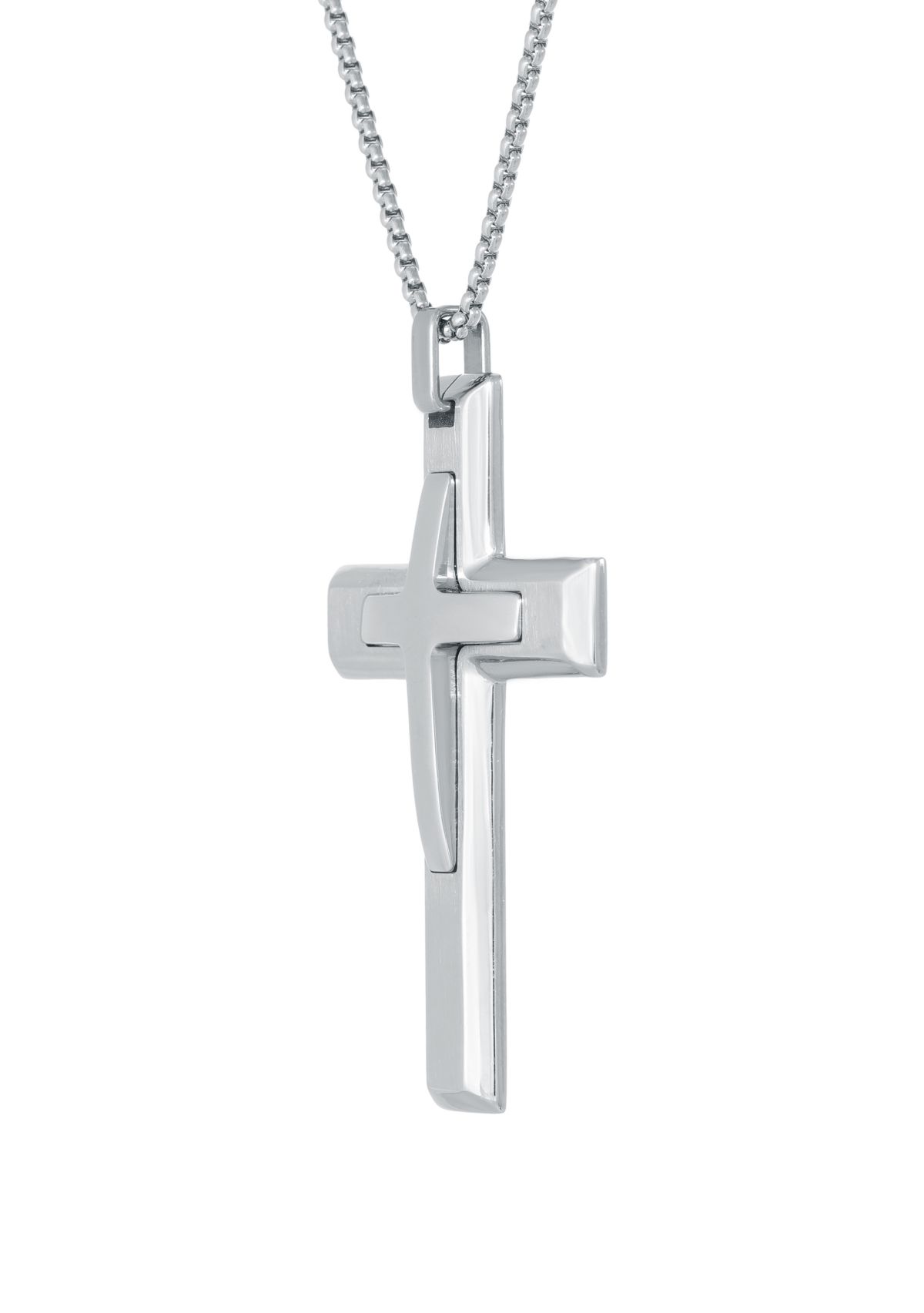 Damascus Steel Cross Pendant on 24 Inch Round Box Chain Necklace