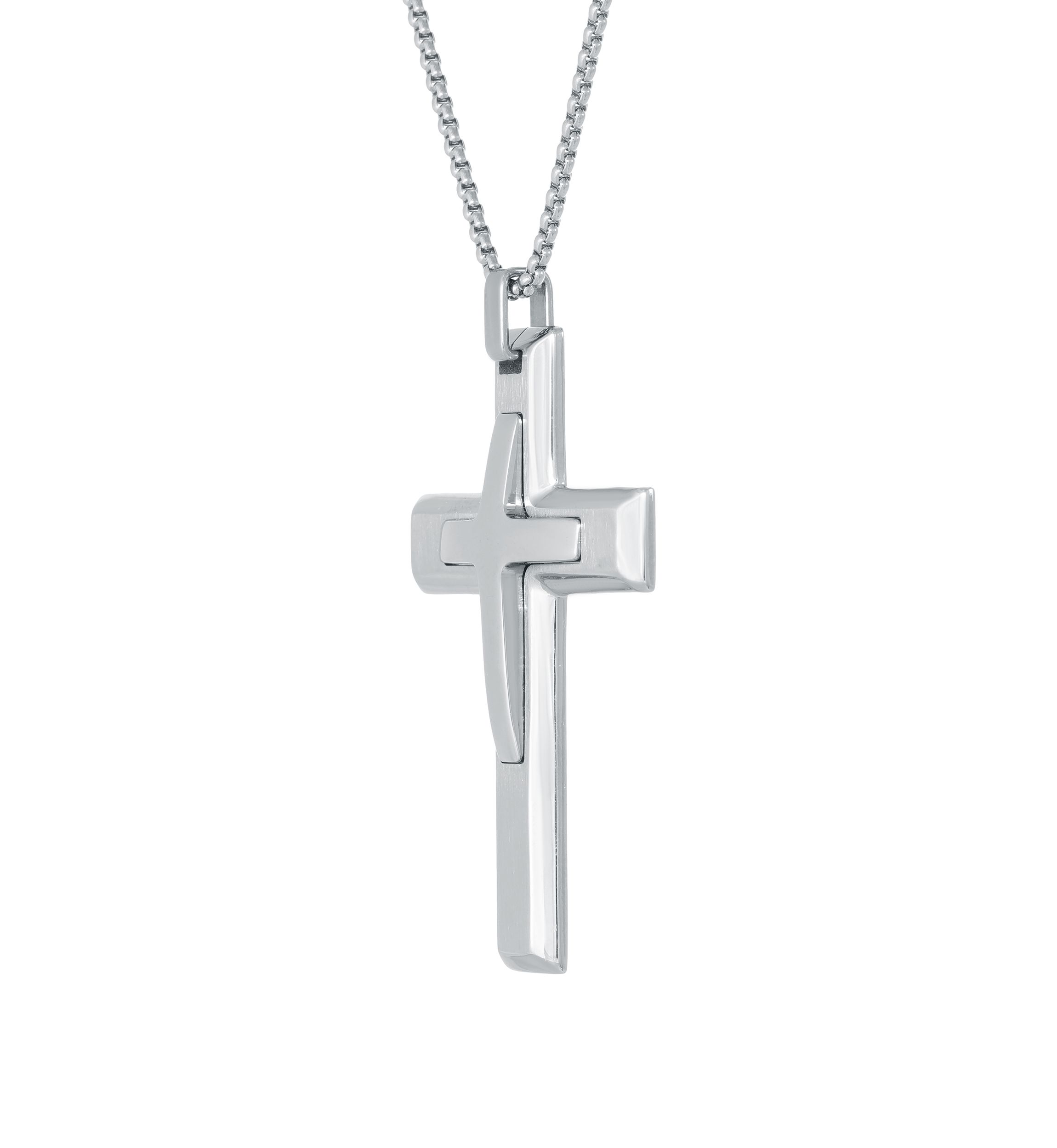 Damascus Steel Cross Pendant on 24 Inch Round Box Chain Necklace