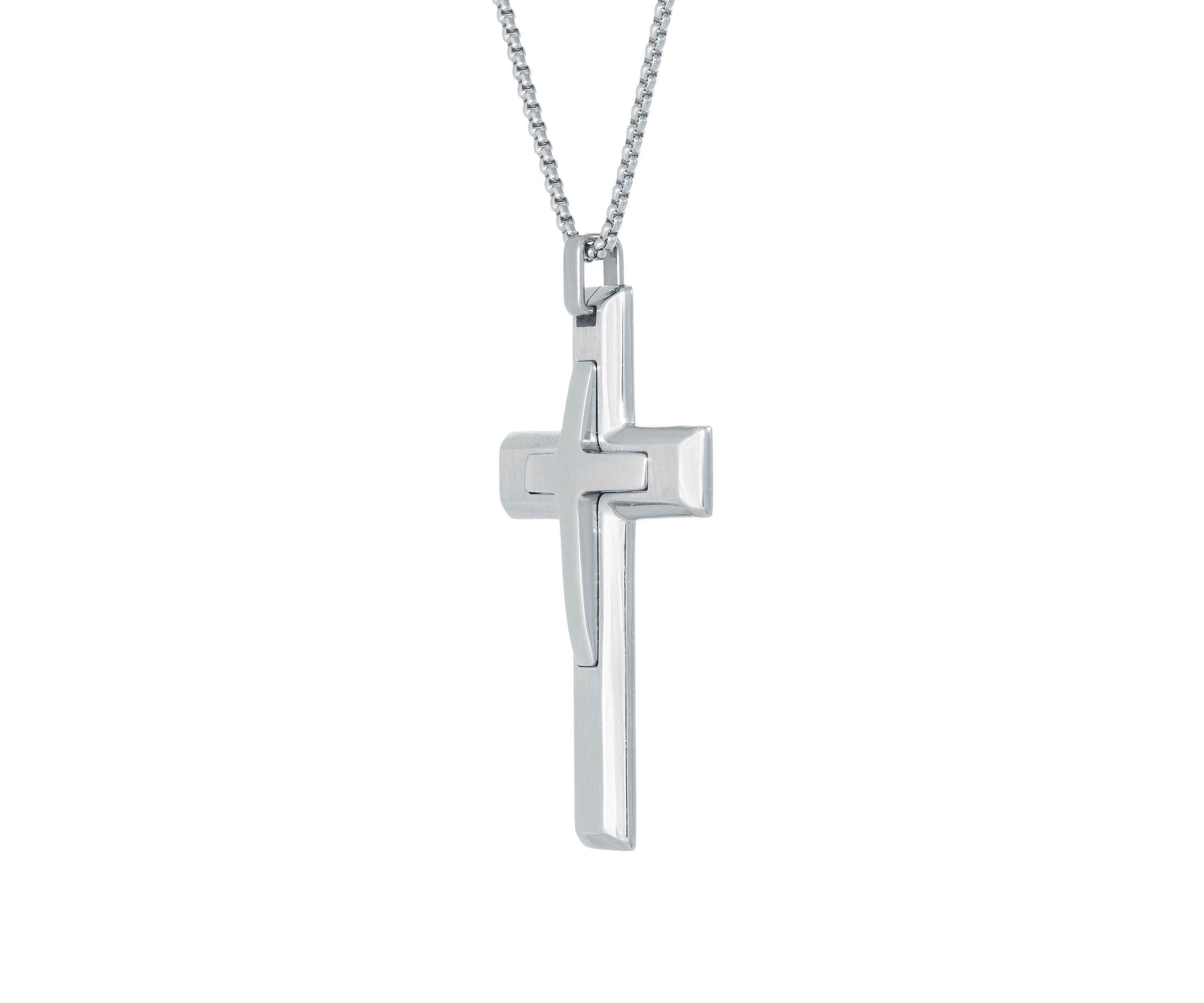 Damascus Steel Cross Pendant on 24 Inch Round Box Chain Necklace