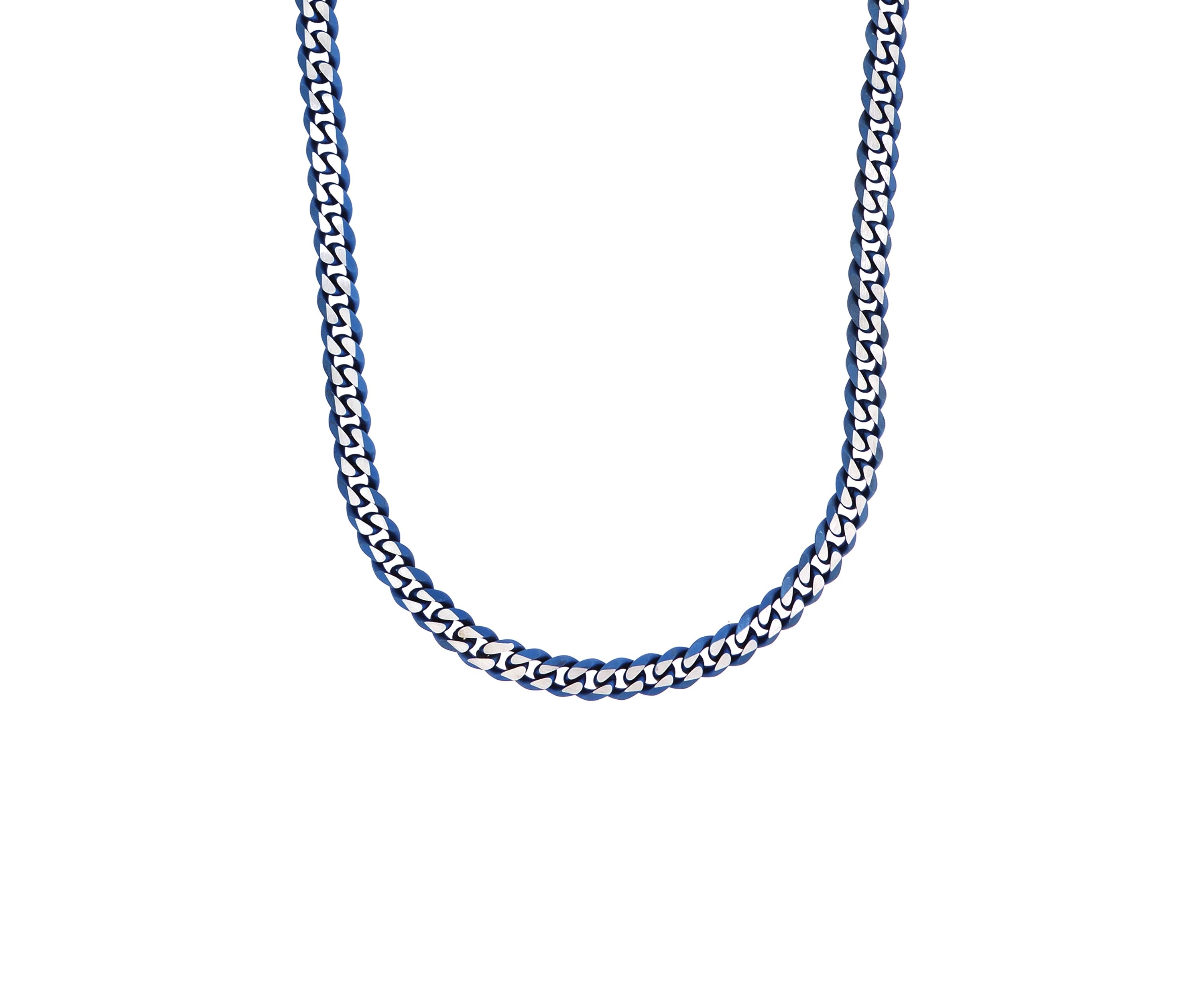 Stainless Steel 8 Millimeter Curb Chain Necklace with Blue Ion Plating, 24 Inch