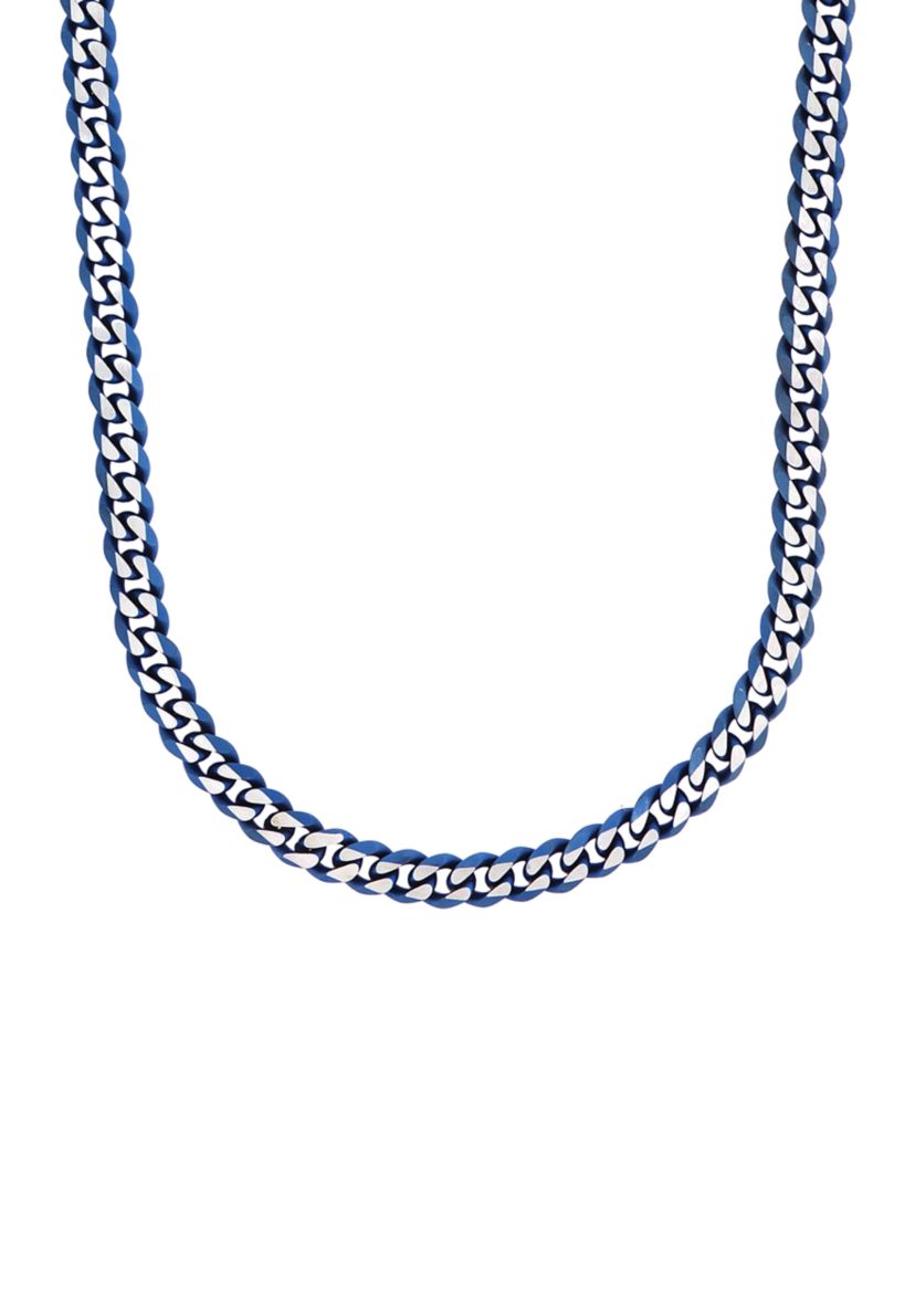Stainless Steel 8 Millimeter Curb Chain Necklace with Blue Ion Plating, 24 Inch