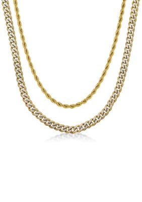 LYNX Stainless Steel 8mm Curb & 4mm Rope Layered Chain Necklace with Gold Tone Ip, Yellow