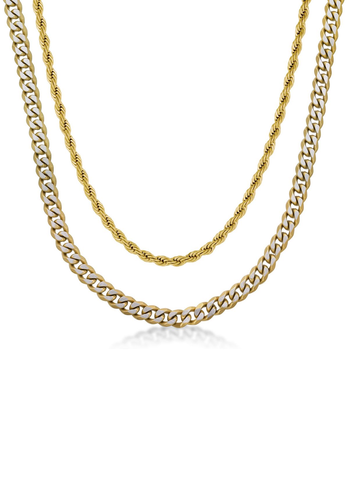 Stainless Steel 8mm Curb & 4mm Rope Layered Chain Necklace with Gold Tone Ip