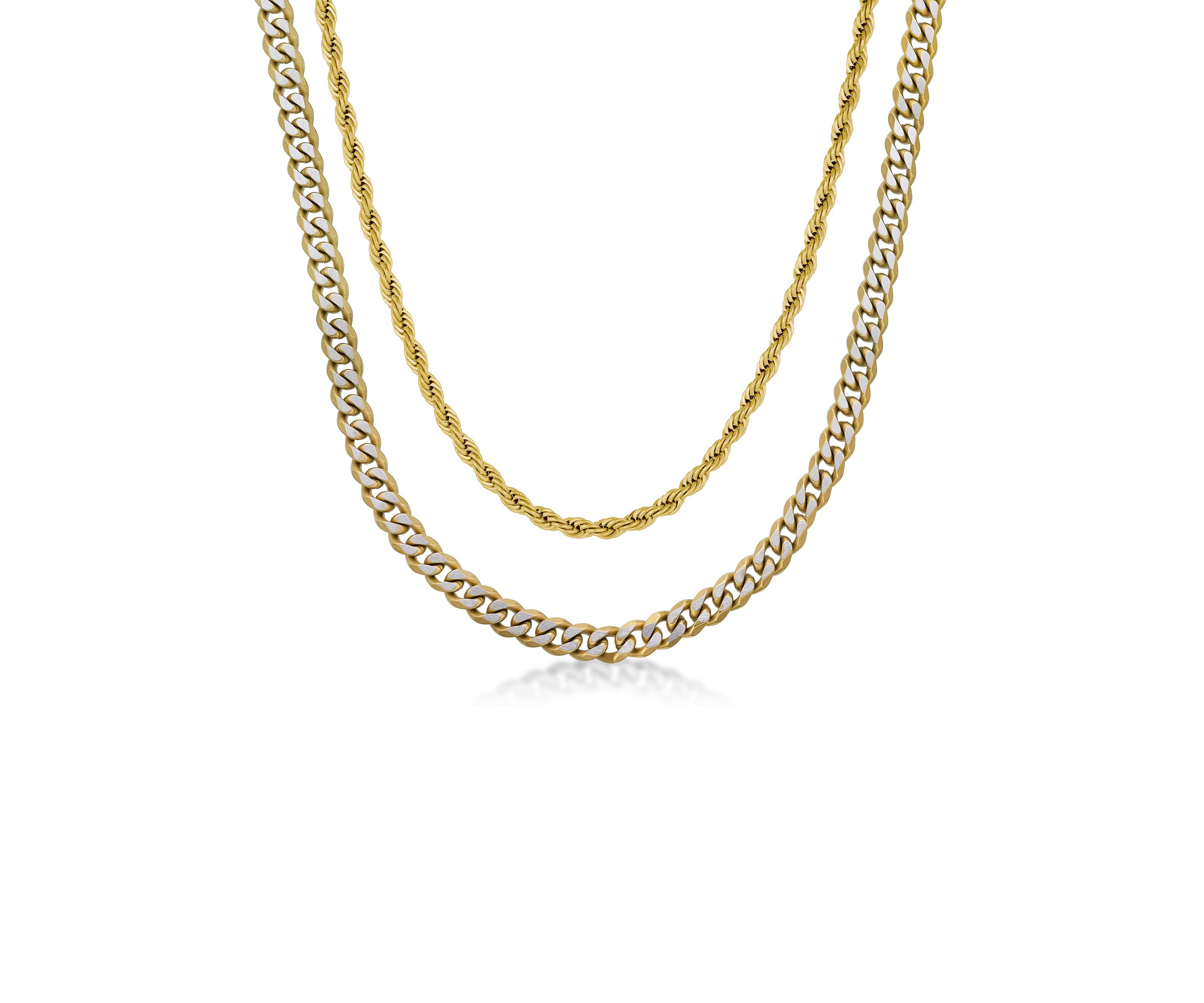 Stainless Steel 8mm Curb & 4mm Rope Layered Chain Necklace with Gold Tone Ip
