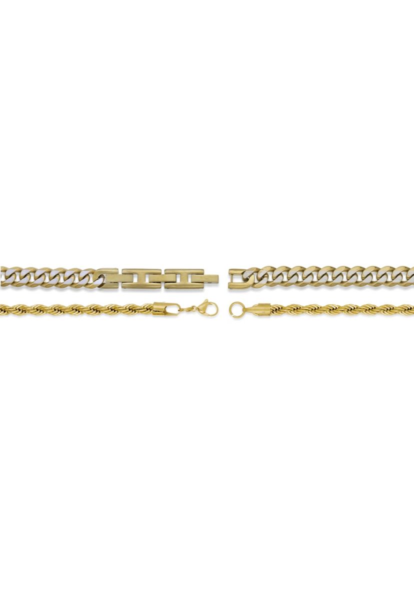 Stainless Steel 8mm Curb & 4mm Rope Layered Chain Necklace with Gold Tone Ip