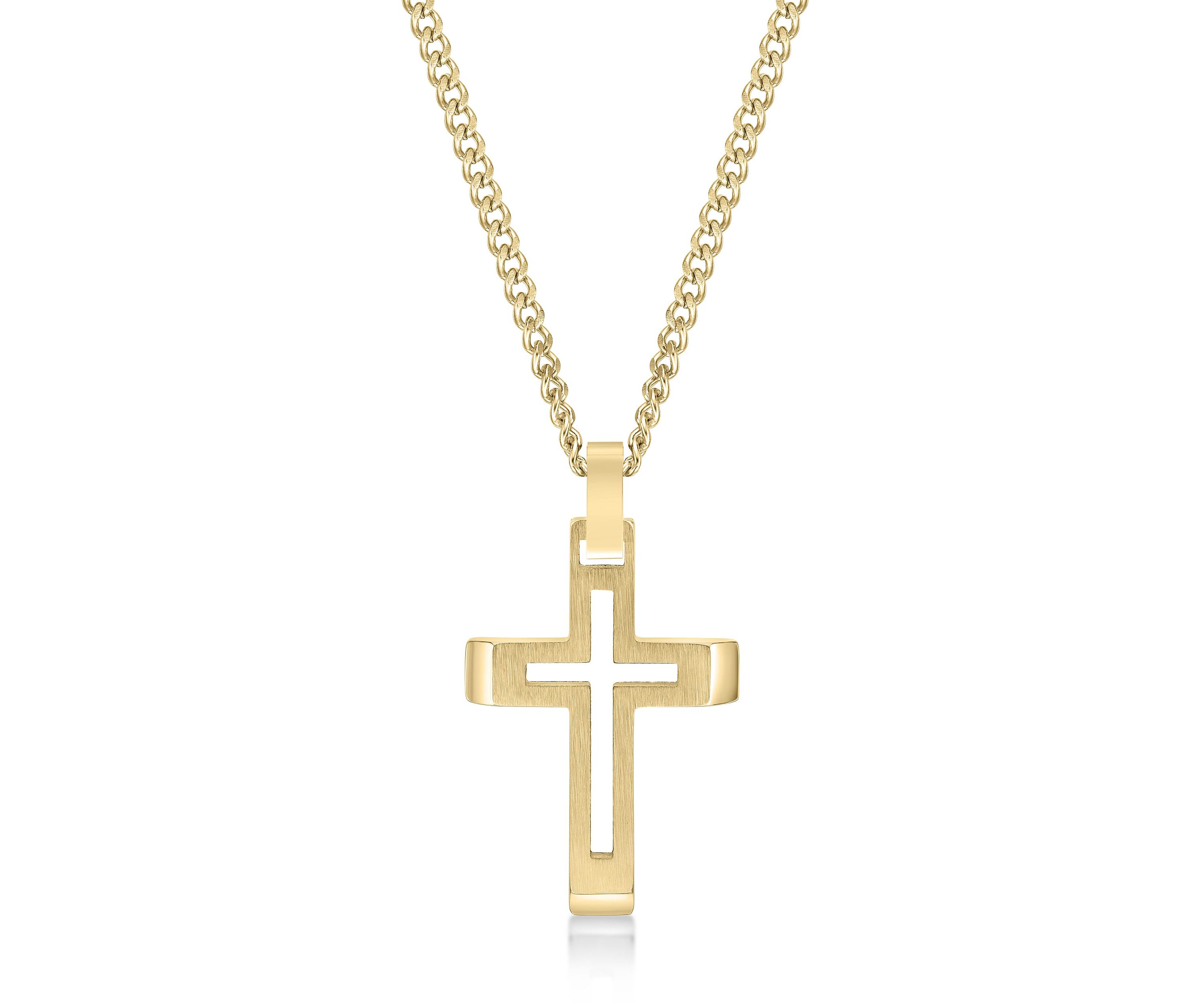 Stainless Steel Cross Pendant with Gold Ip and 24" Curb Chain