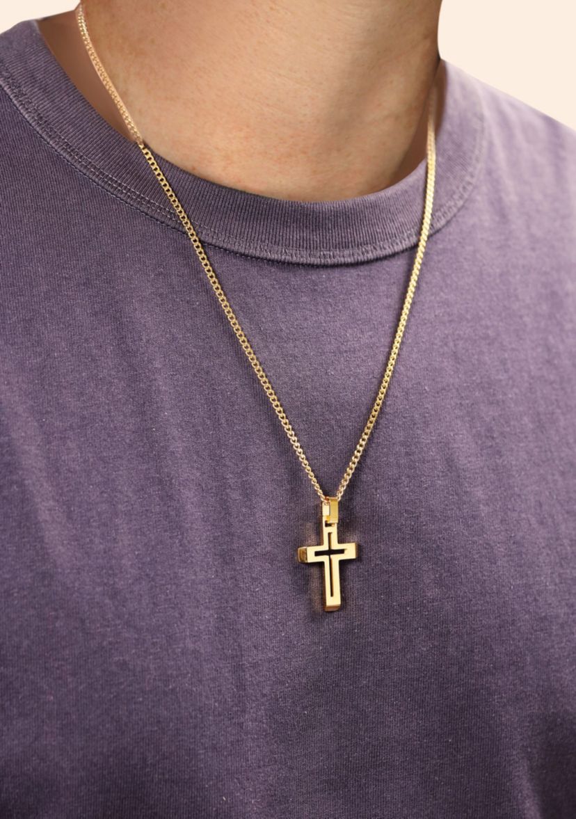 Stainless Steel Cross Pendant with Gold Ip and 24" Curb Chain