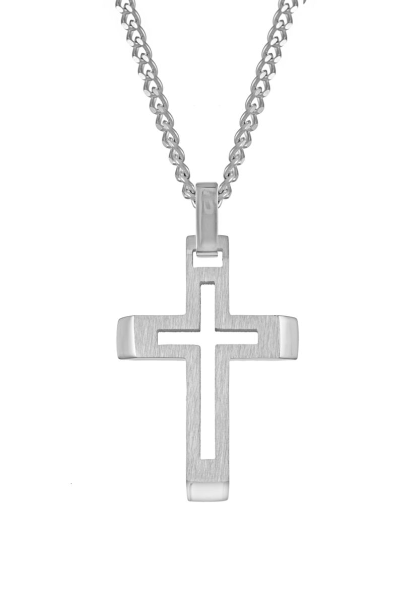 Stainless Steel Cross Pendant Necklace with 24 Inch Curb Chain 