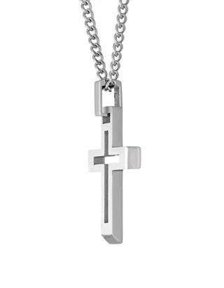 cross pendant stainless steel necklace silver black cubic zirconia cz 1.37" 