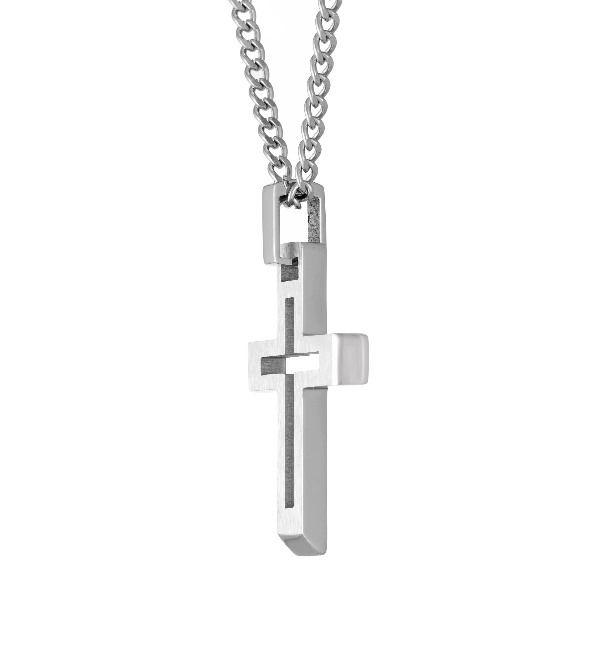 Stainless Steel Cross Pendant Necklace with 24 Inch Curb Chain 