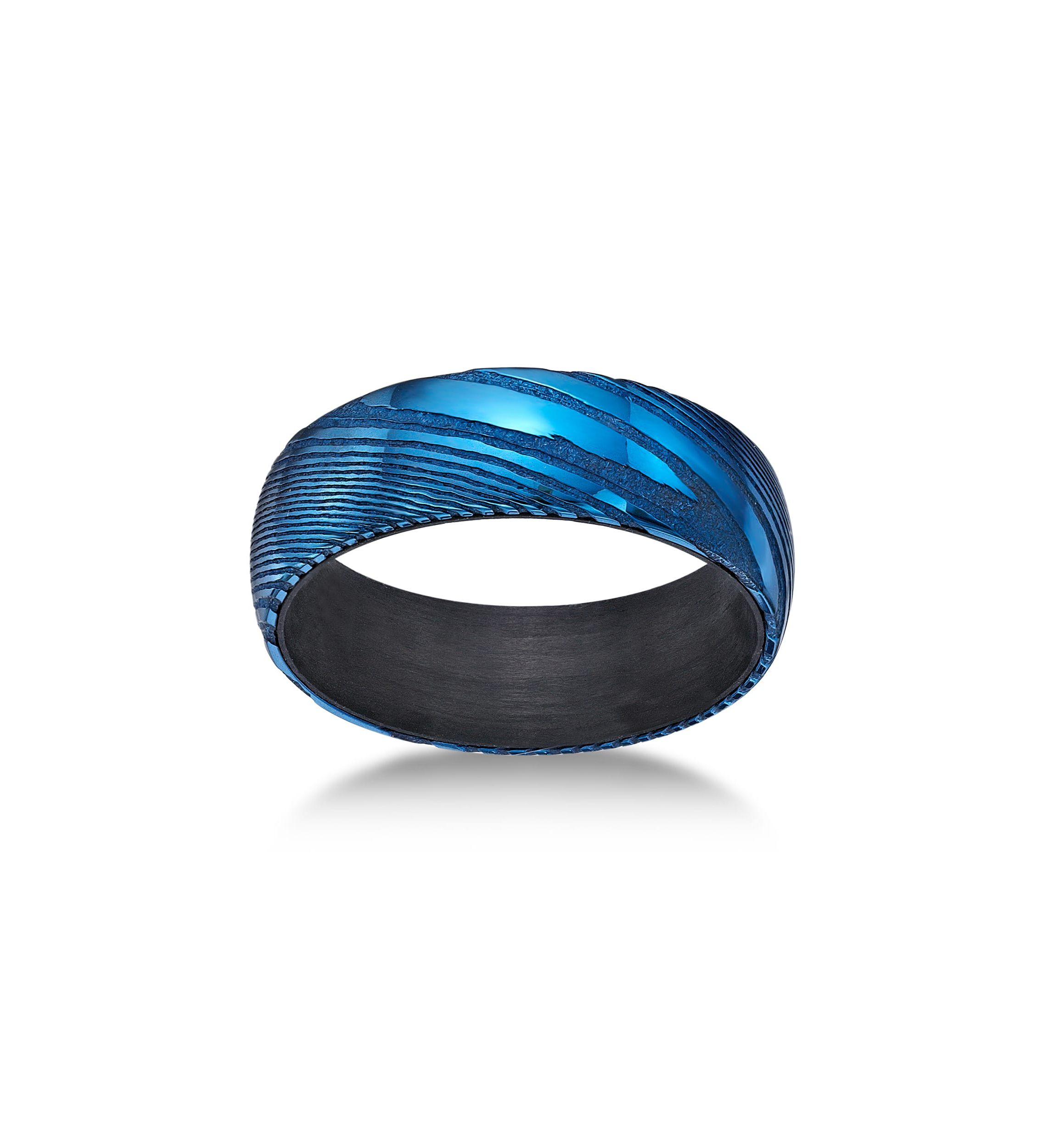 Damascus Steel Ring With Carbon Fiber Sleeve