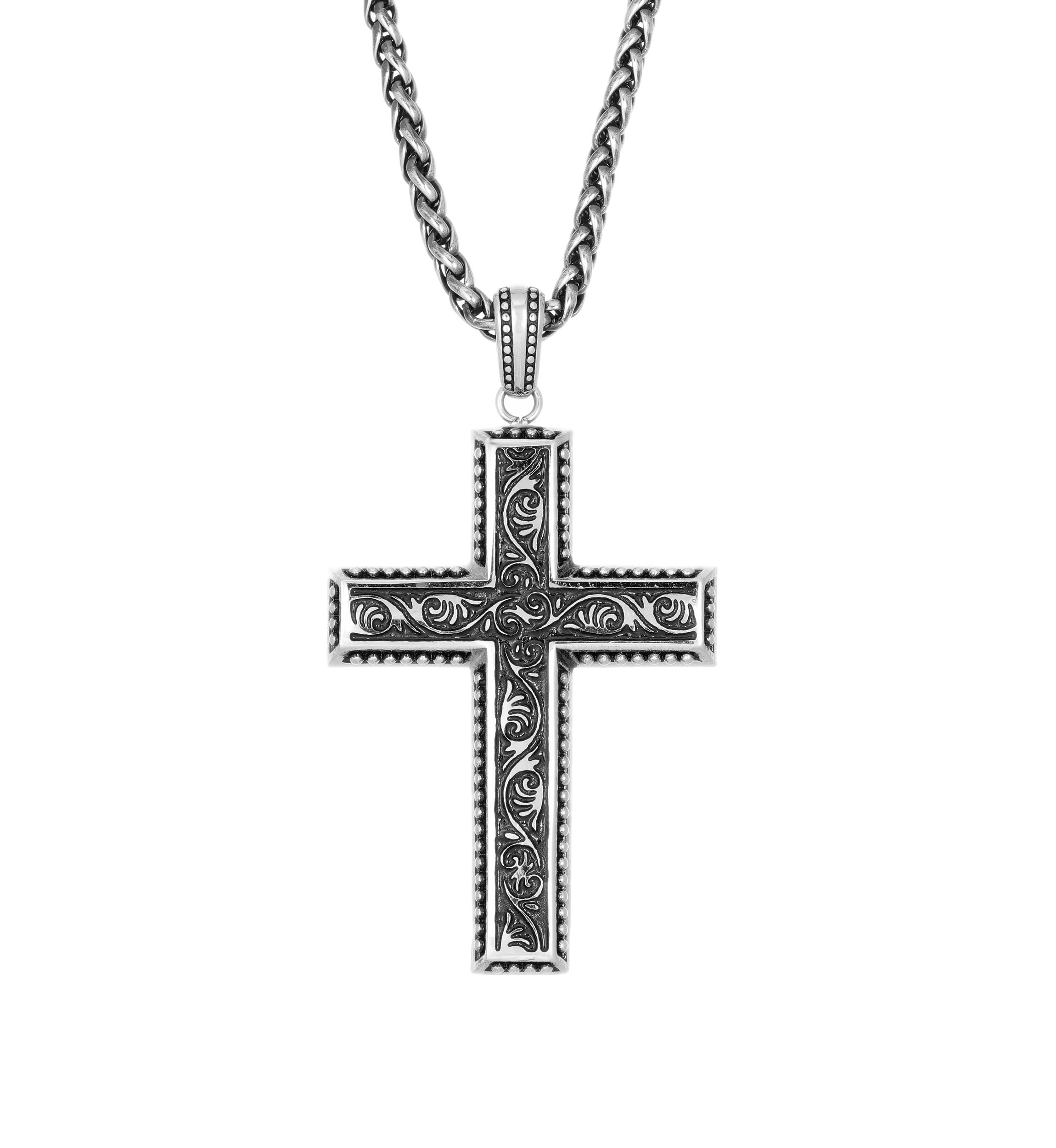 Stainless Steel Antique Finish Cross Pendant on 24 Inch Wheat Chain