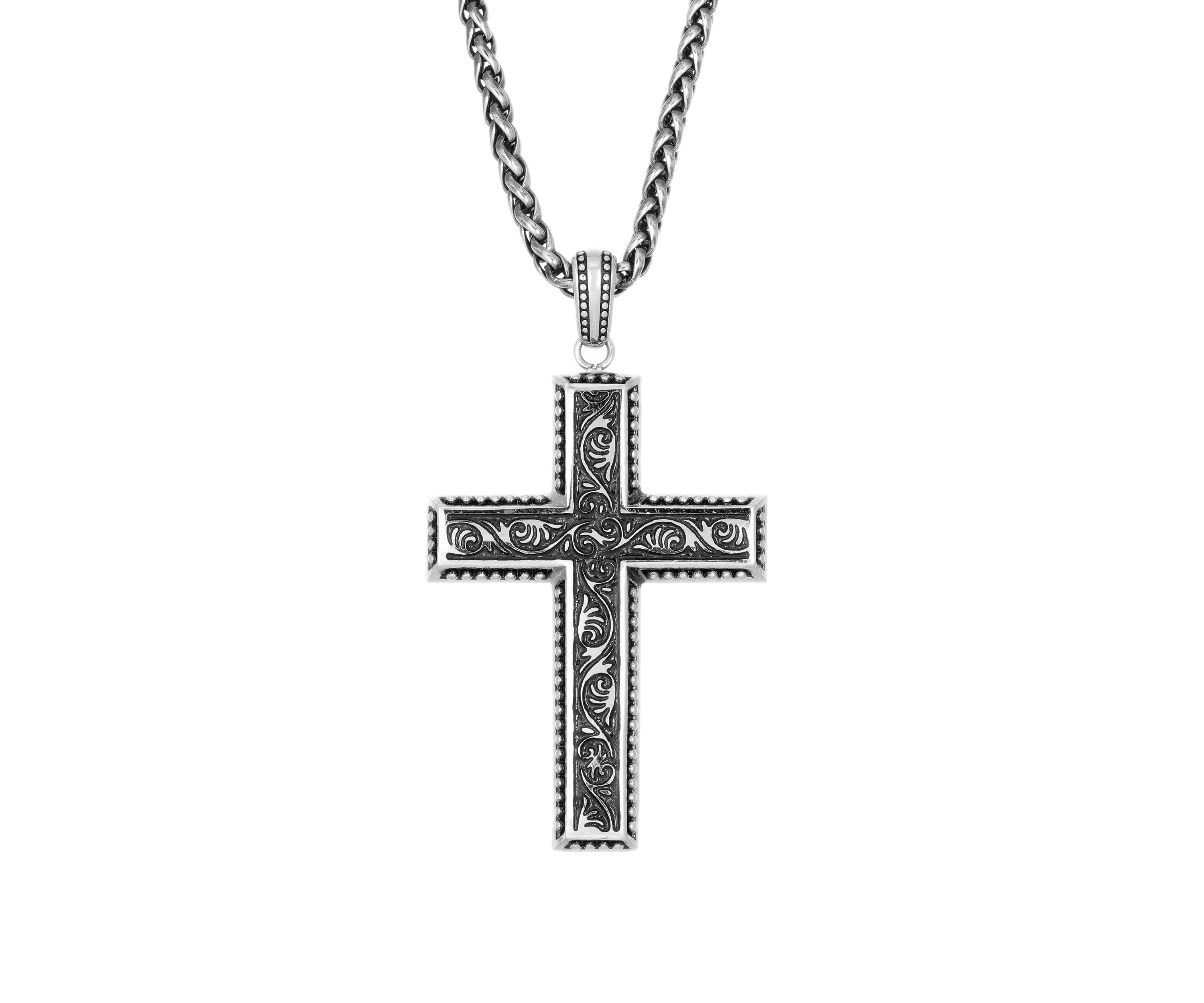 Stainless Steel Antique Finish Cross Pendant on 24 Inch Wheat Chain