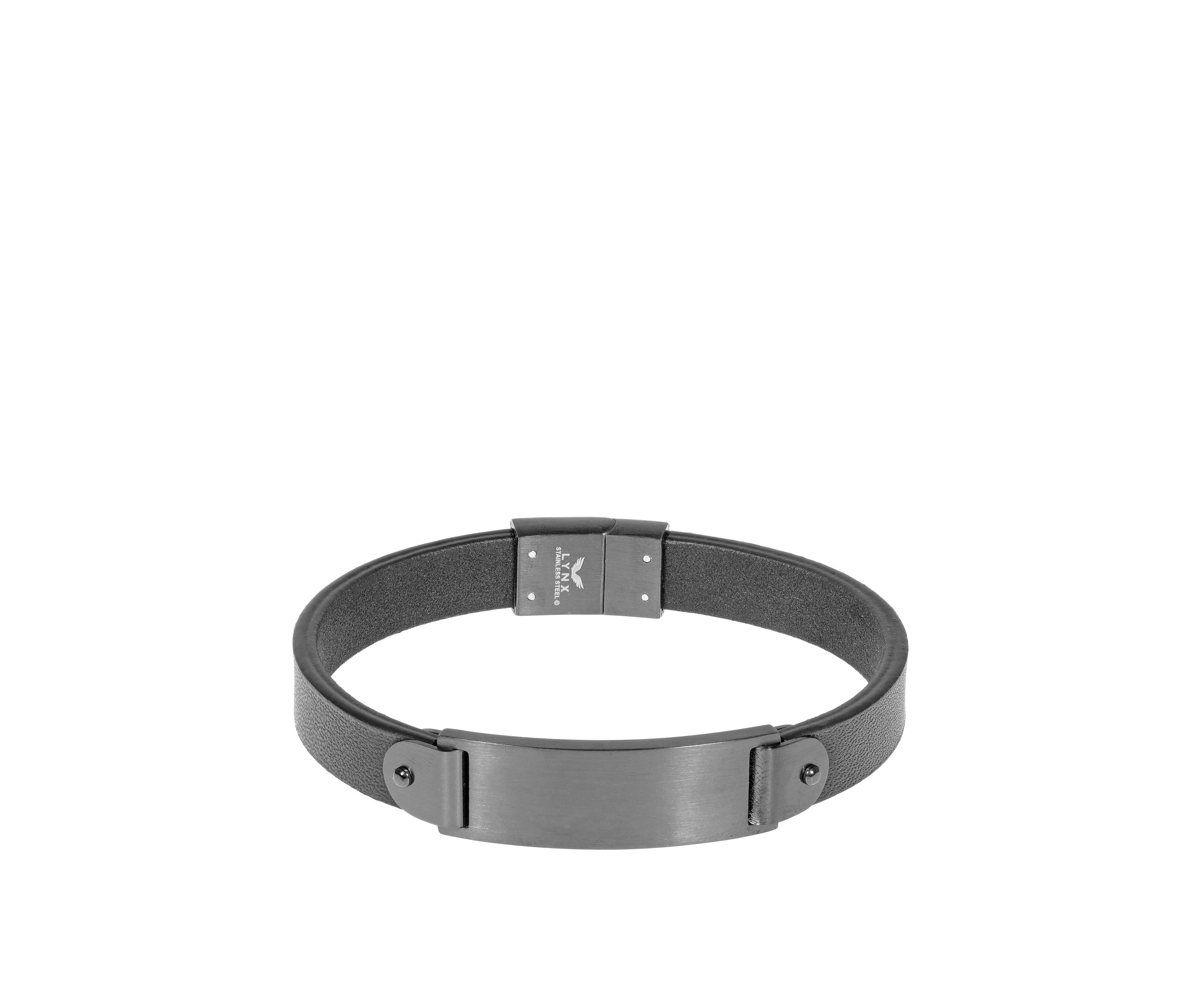 Stainless Steel and Black Leather Bracelet with BIP and Magnetic Lock