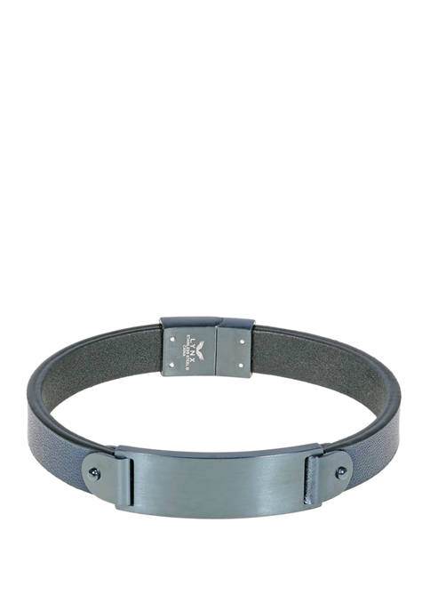 Stainless Steel and Blue Leather Bracelet with Gray IP and Magnetic Snap