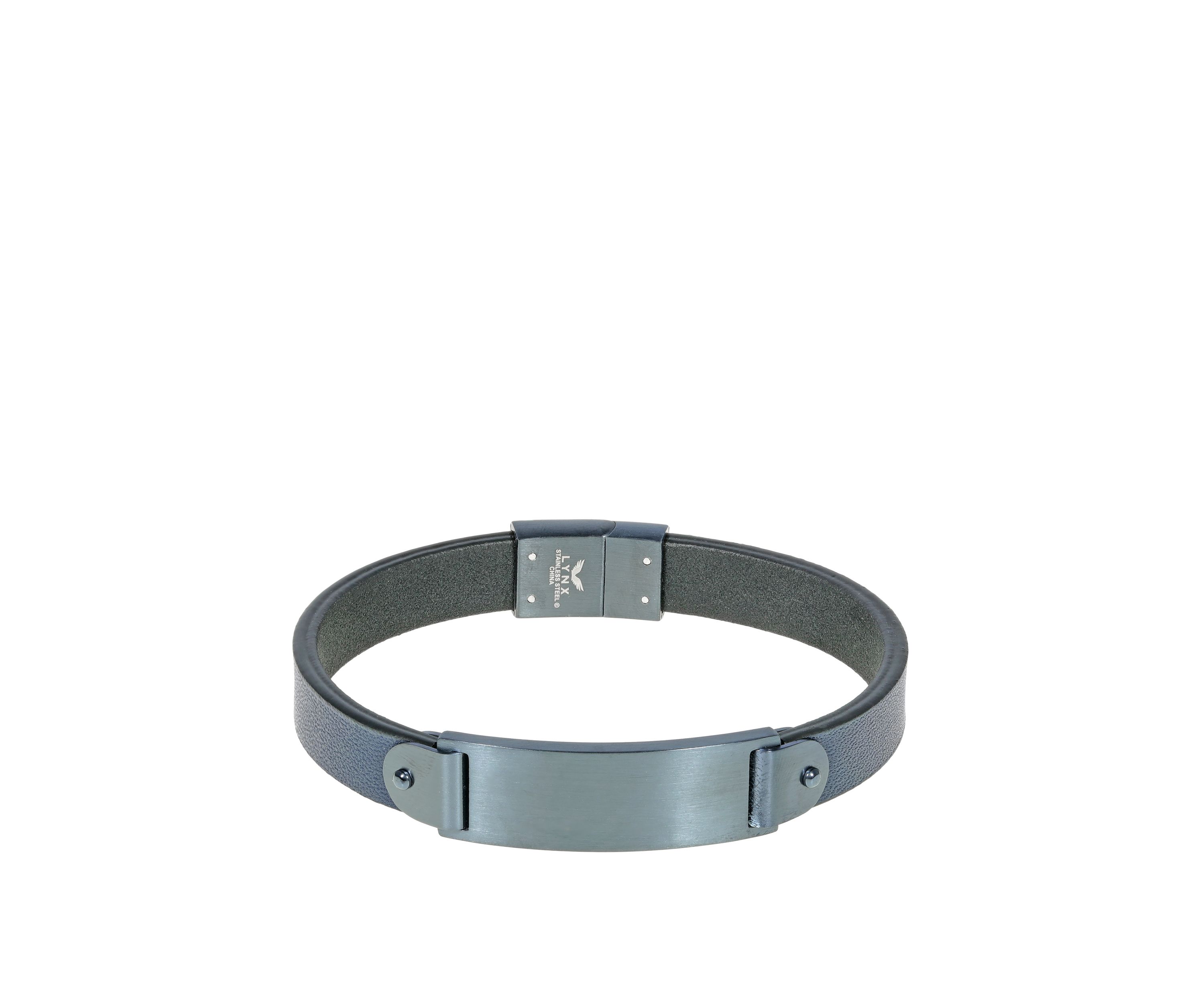 Stainless Steel and Blue Leather Bracelet with Gray IP and Magnetic Snap
