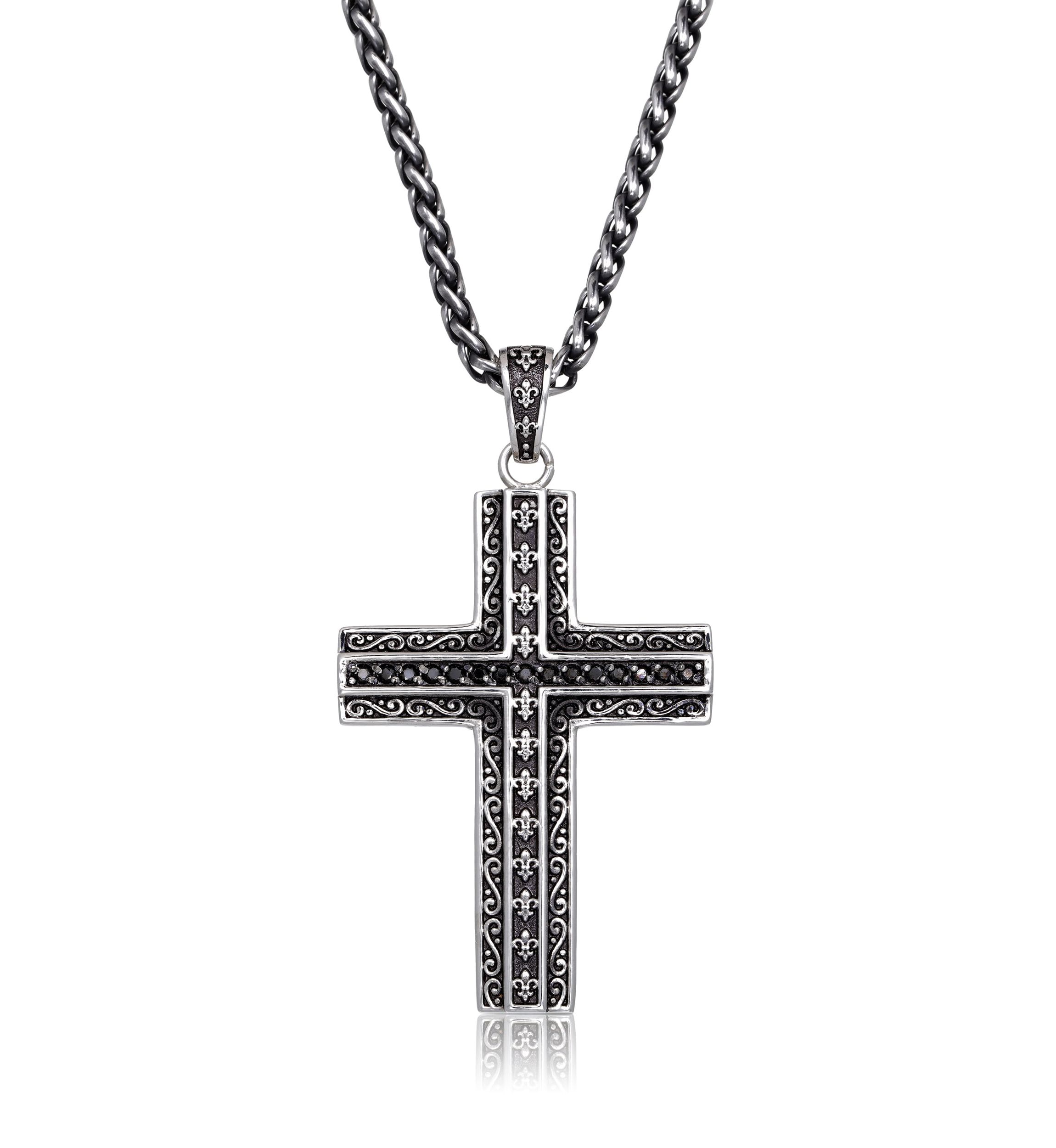 Antique Finish Stainless Steel Cross Pendant With Black Cz And 24" Wheat Chain