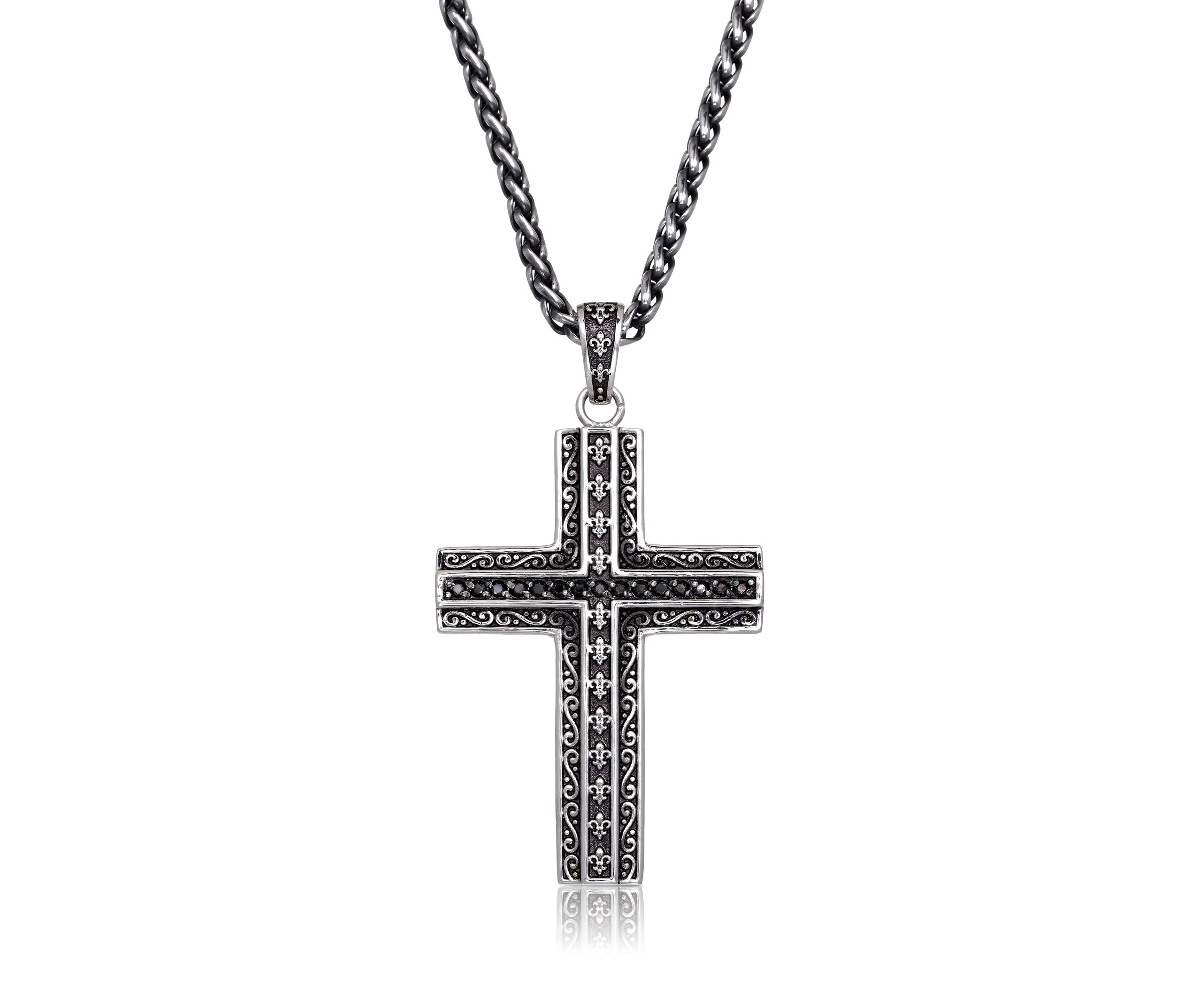 Antique Finish Stainless Steel Cross Pendant With Black Cz And 24" Wheat Chain