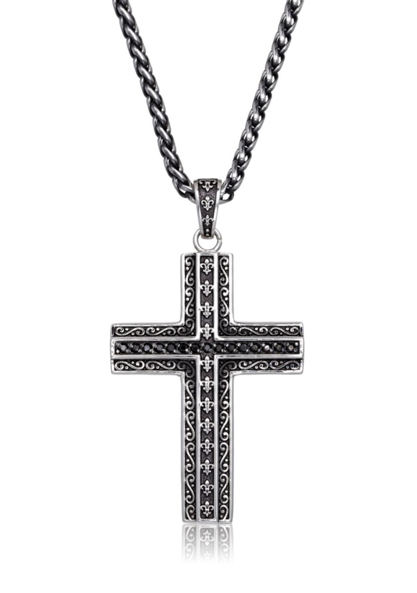 Antique Finish Stainless Steel Cross Pendant With Black Cz And 24" Wheat Chain