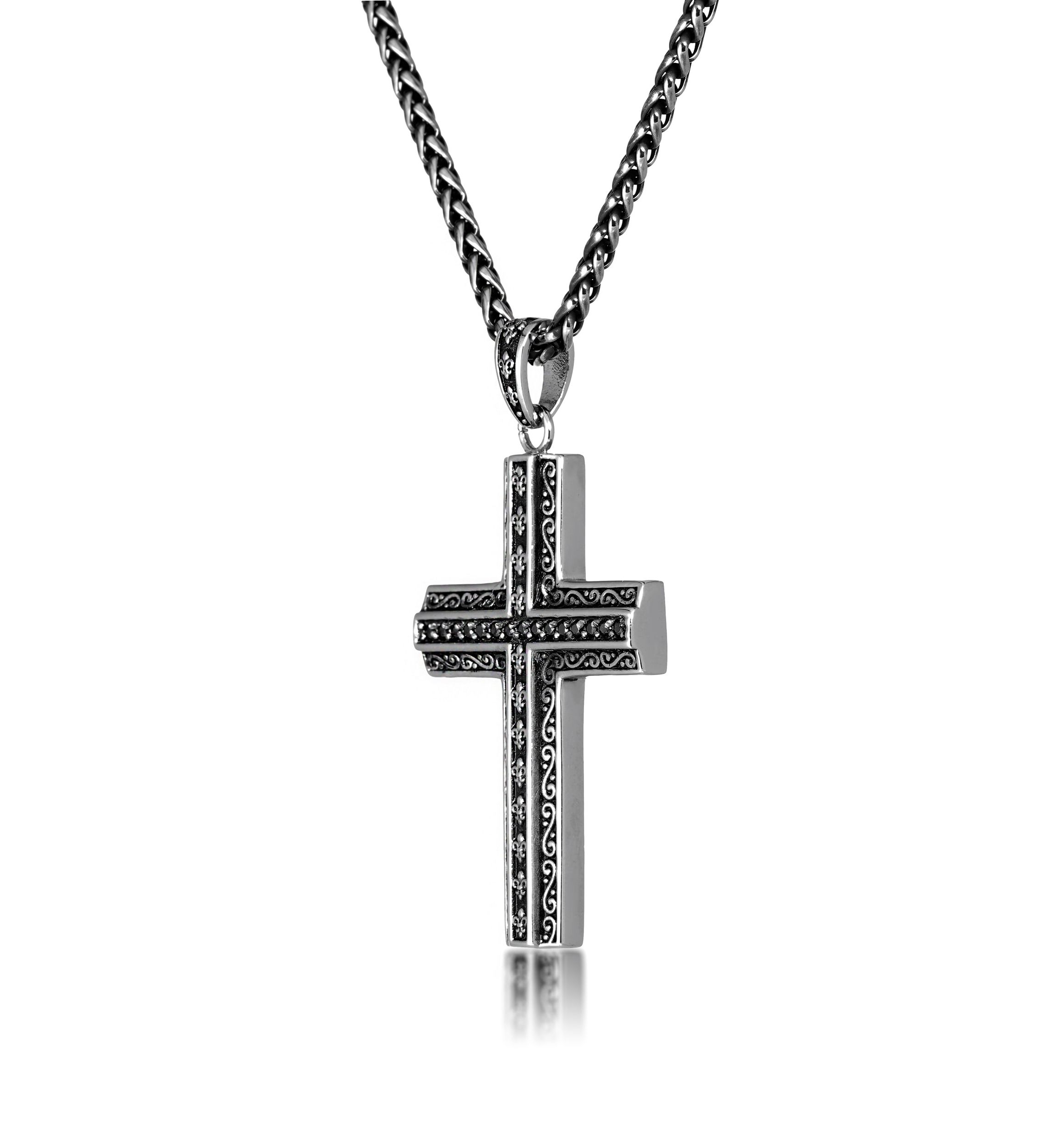 Antique Finish Stainless Steel Cross Pendant With Black Cz And 24" Wheat Chain