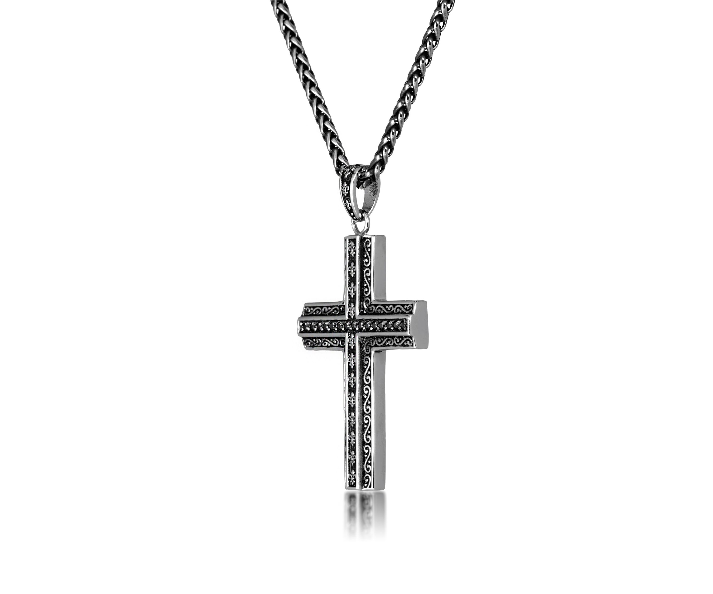 Antique Finish Stainless Steel Cross Pendant With Black Cz And 24" Wheat Chain