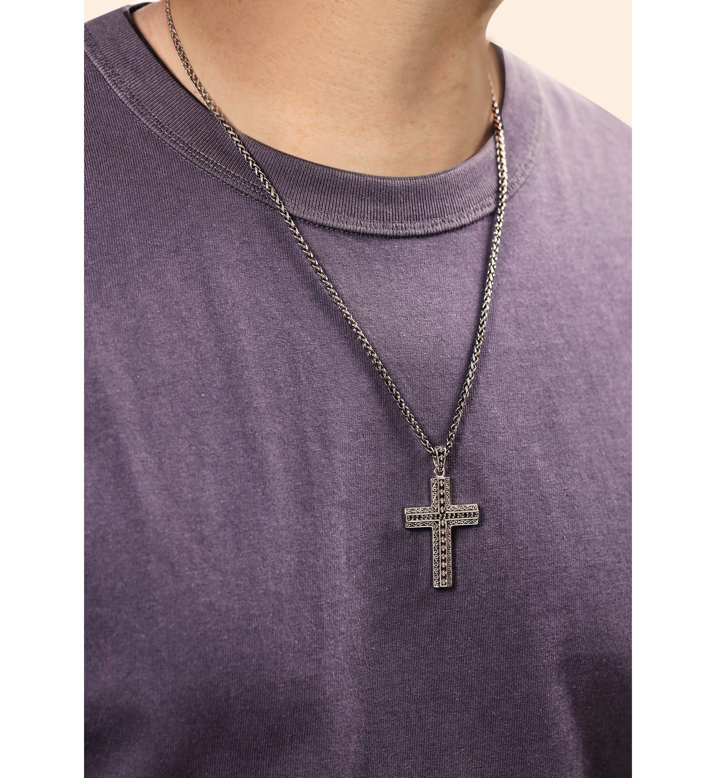 Antique Finish Stainless Steel Cross Pendant With Black Cz And 24" Wheat Chain