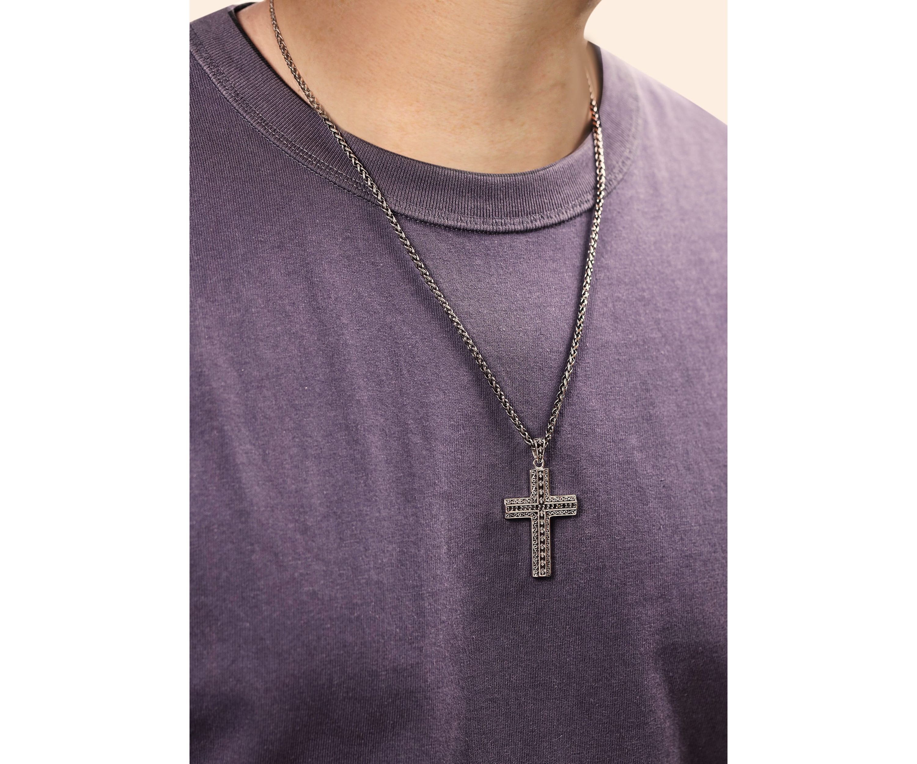 Antique Finish Stainless Steel Cross Pendant With Black Cz And 24" Wheat Chain