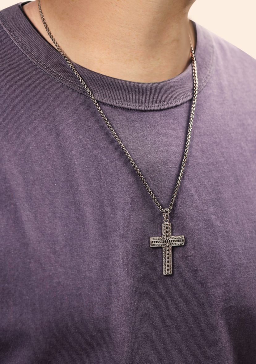 Antique Finish Stainless Steel Cross Pendant With Black Cz And 24" Wheat Chain