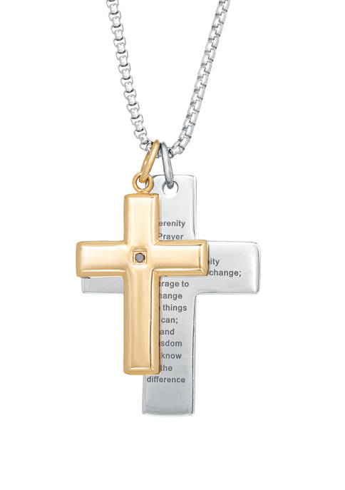 1/10 ct. t.w. Cubic Zirconia Stainless Steel Double Cross Pendant with GIP on 24 Inch Round Box Chain