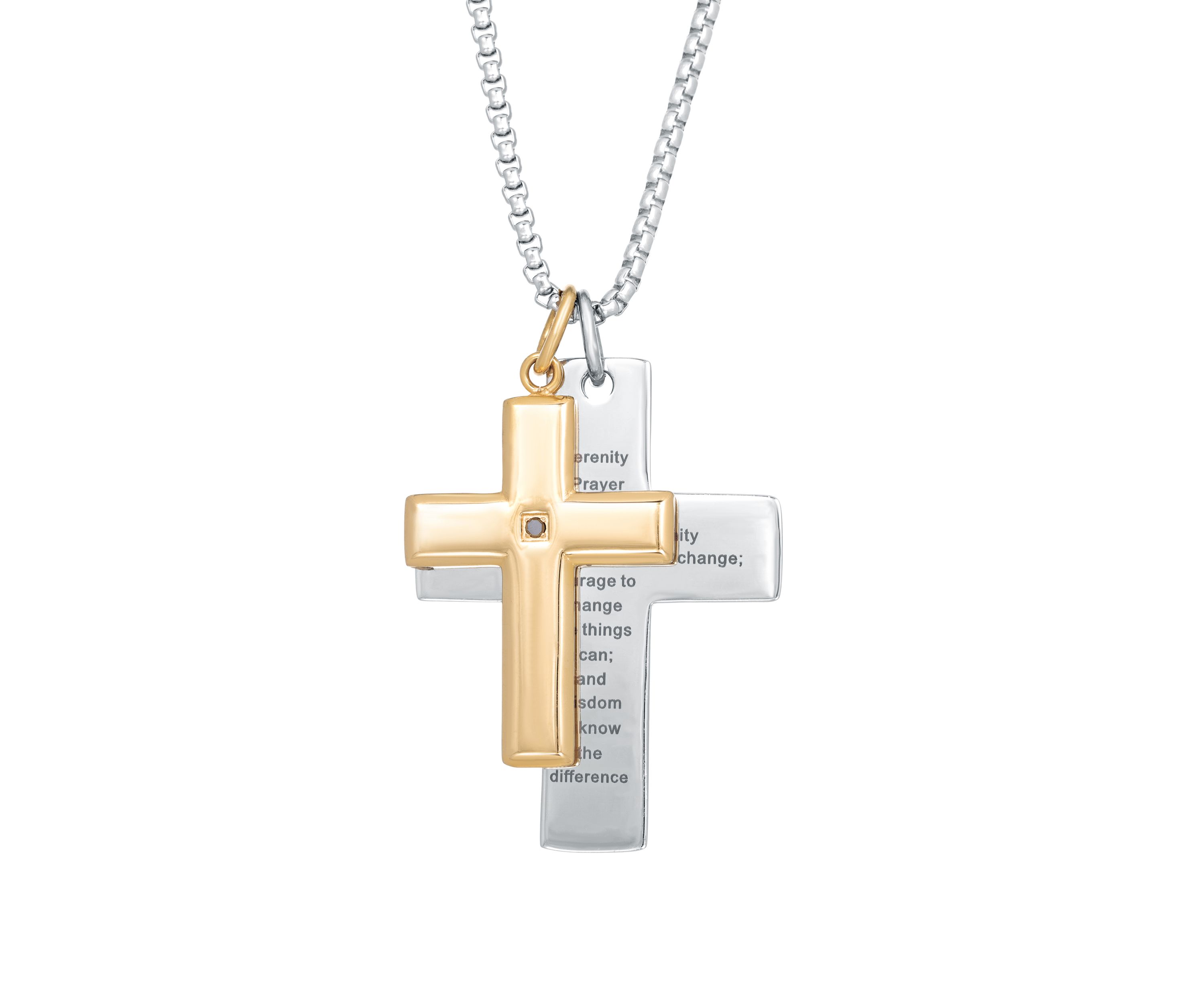 1/10 ct. t.w. Cubic Zirconia Stainless Steel Double Cross Pendant with GIP on 24 Inch Round Box Chain